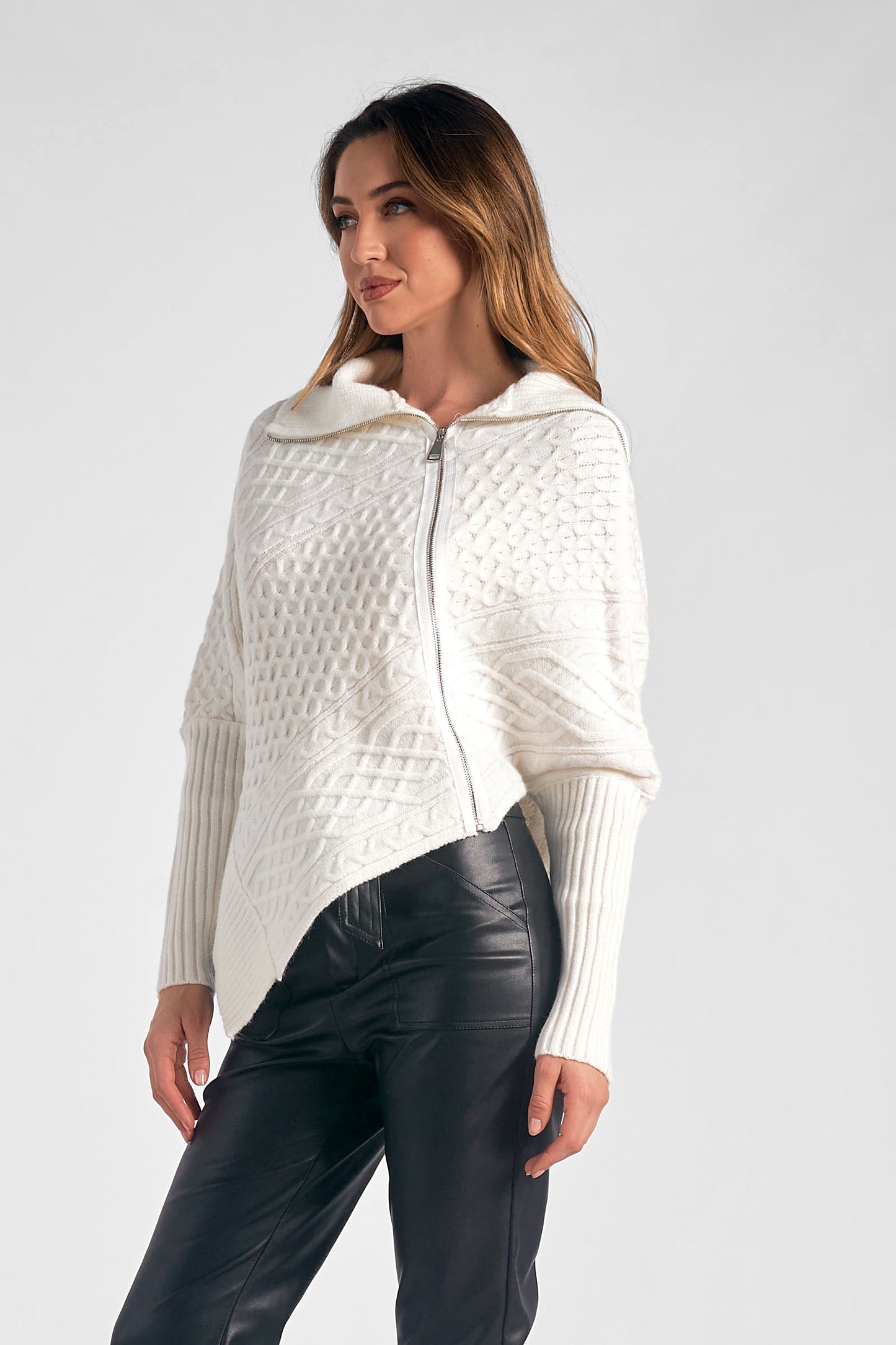 Full Zip Diagonal Cable Knit Sweater - Winter White