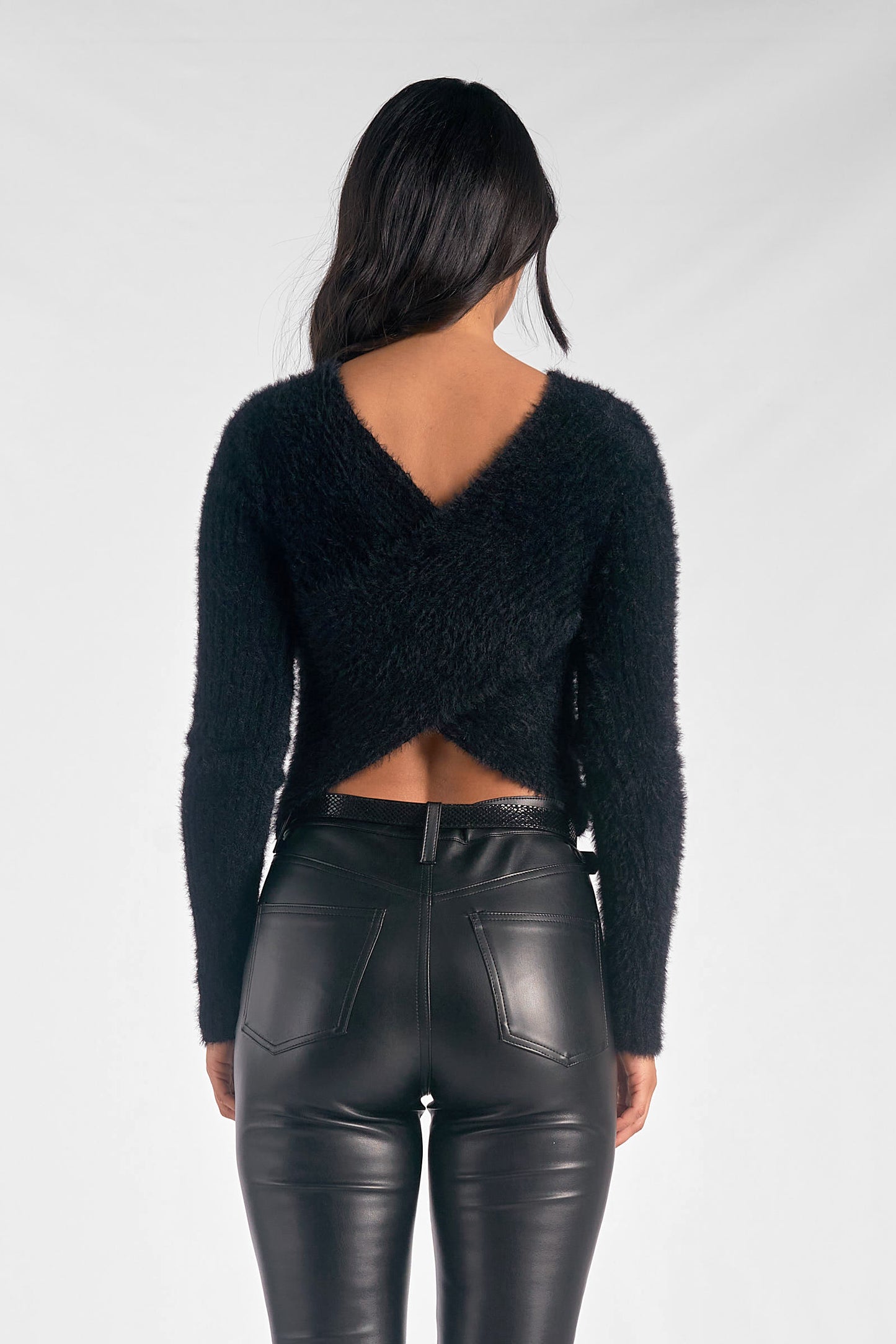 V-Neck Cutout Fuzzy Sweater - Black