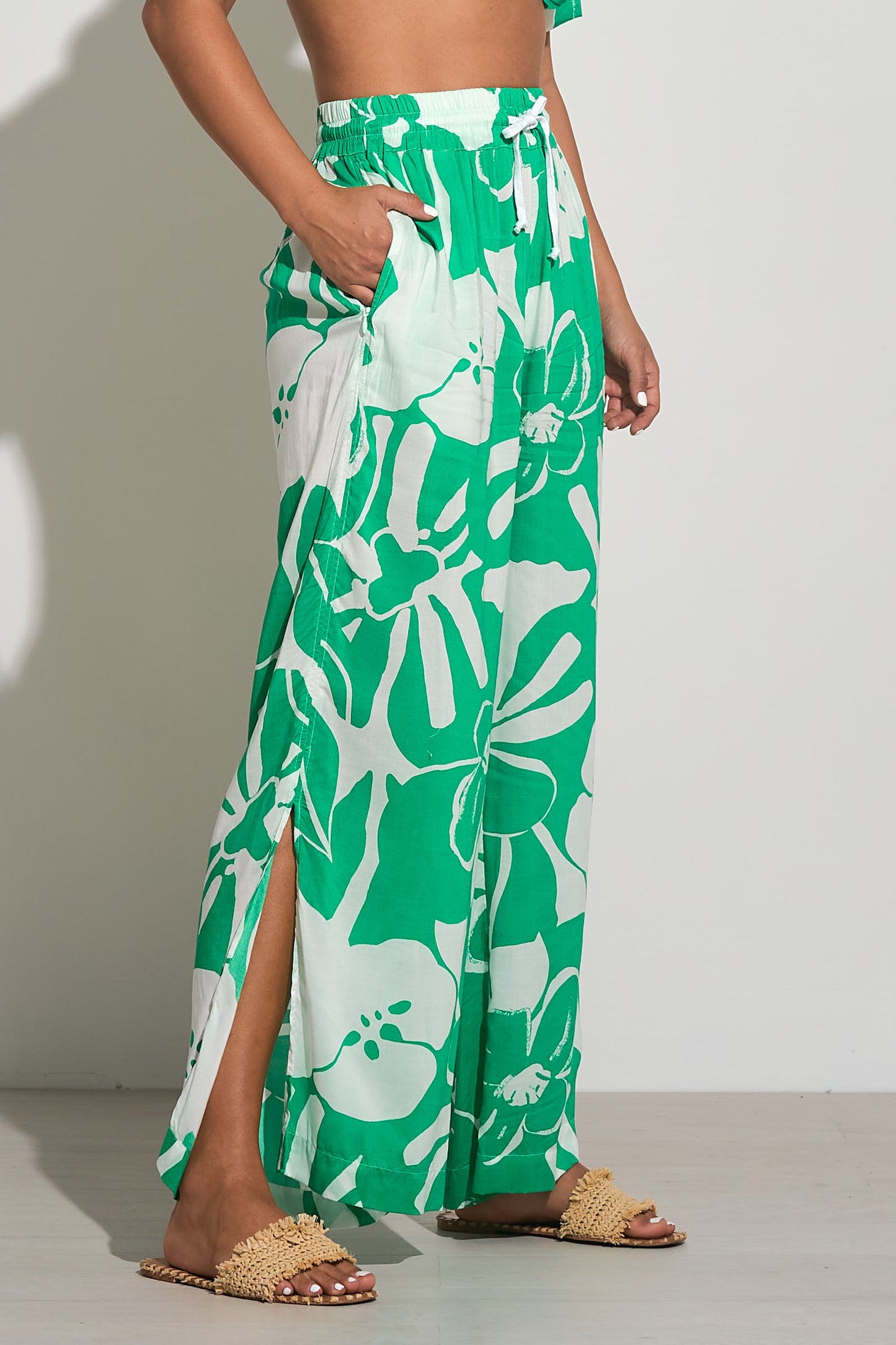 Pants with Side Slit and Elastic Waistband - Green Hibiscus