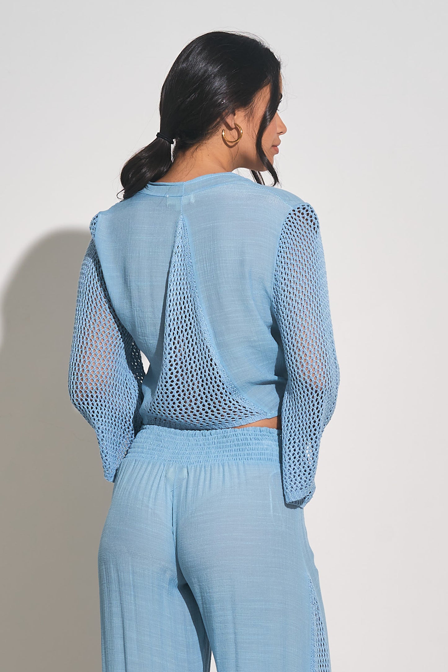 Crochet Long Sleeve Tie Front Crop Top Coverup - Light Blue