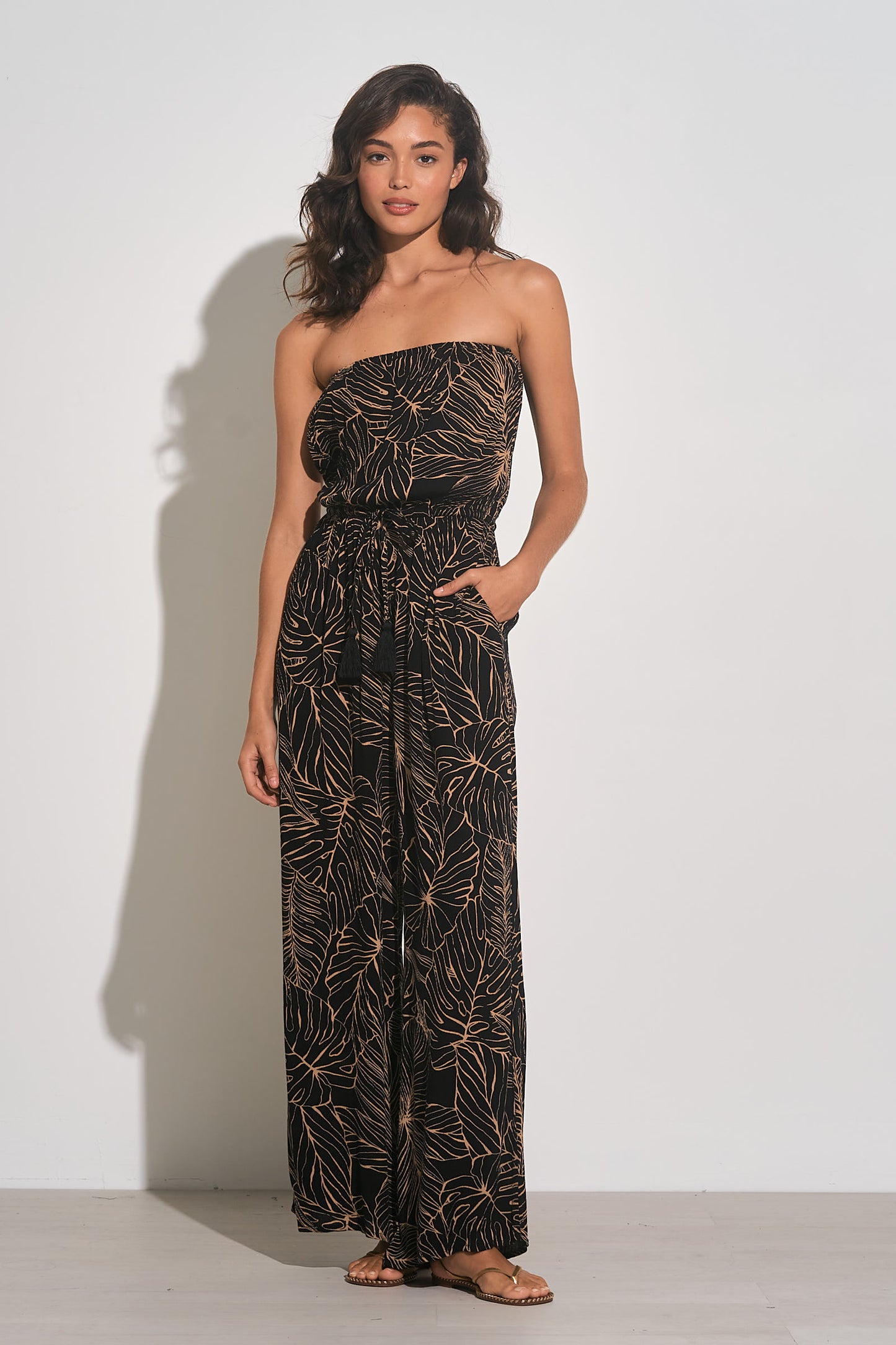 Strapless Jumpsuit with Pockets - Black/Natural Tropic