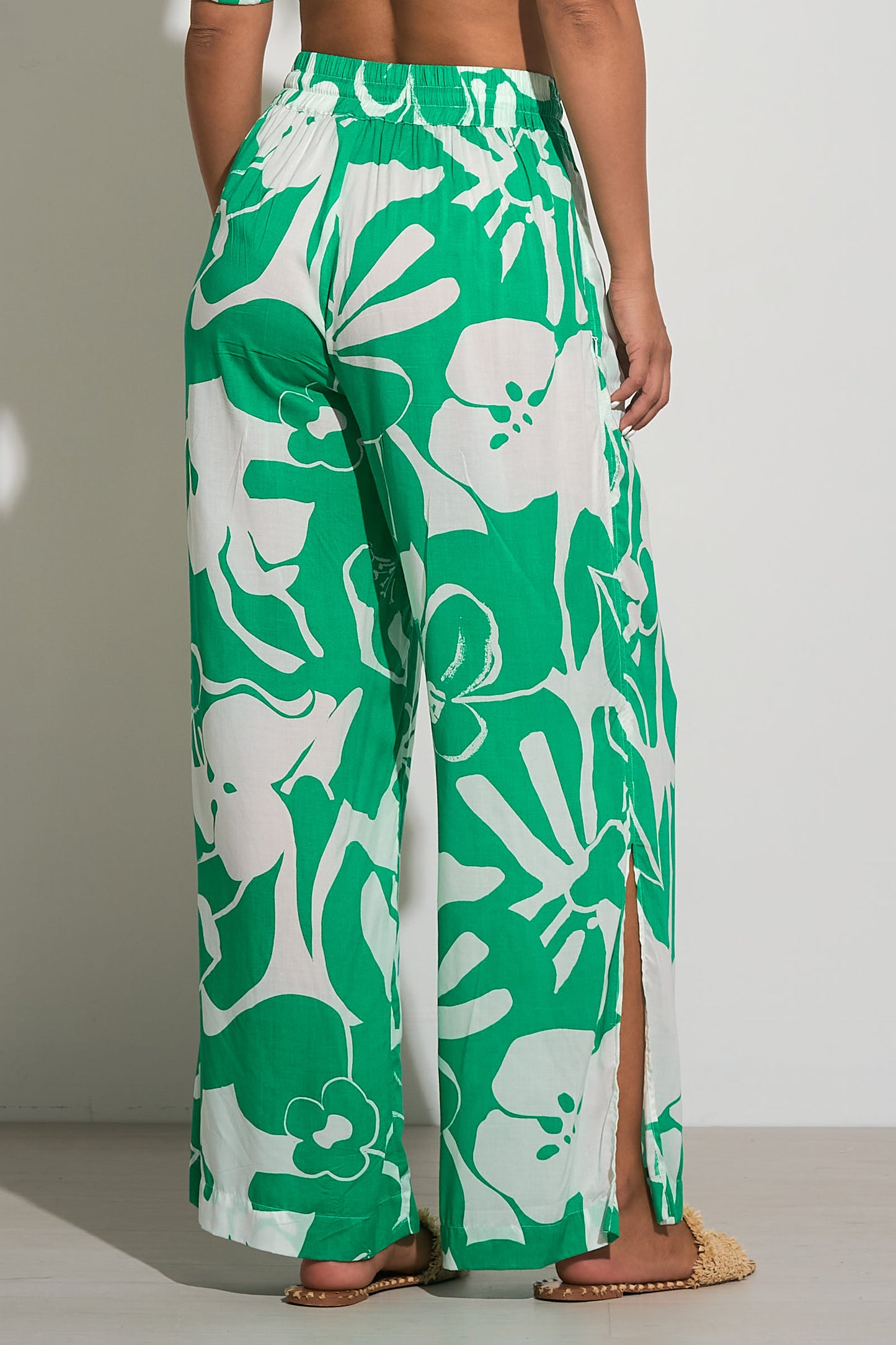 Pants with Side Slit and Elastic Waistband - Green Hibiscus