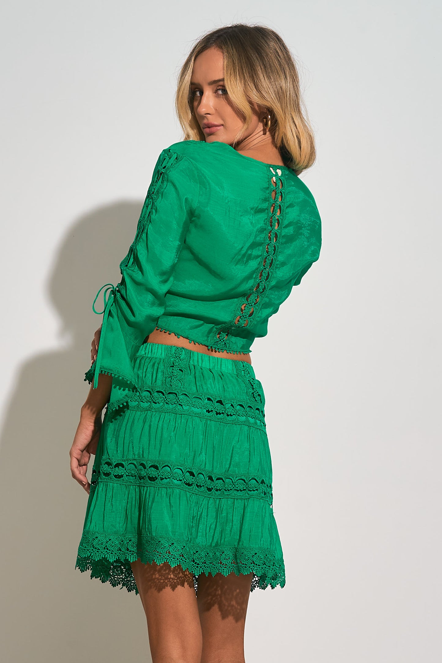 3/4 Sleeve Tie Front Crop Top Coverup - Bright Green
