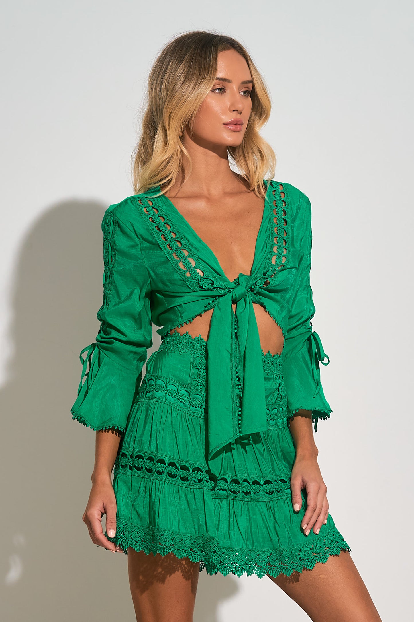 3/4 Sleeve Tie Front Crop Top Coverup - Bright Green