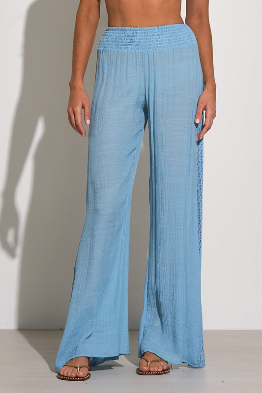 Wide Leg Pants with Crochet Sides - Light Blue