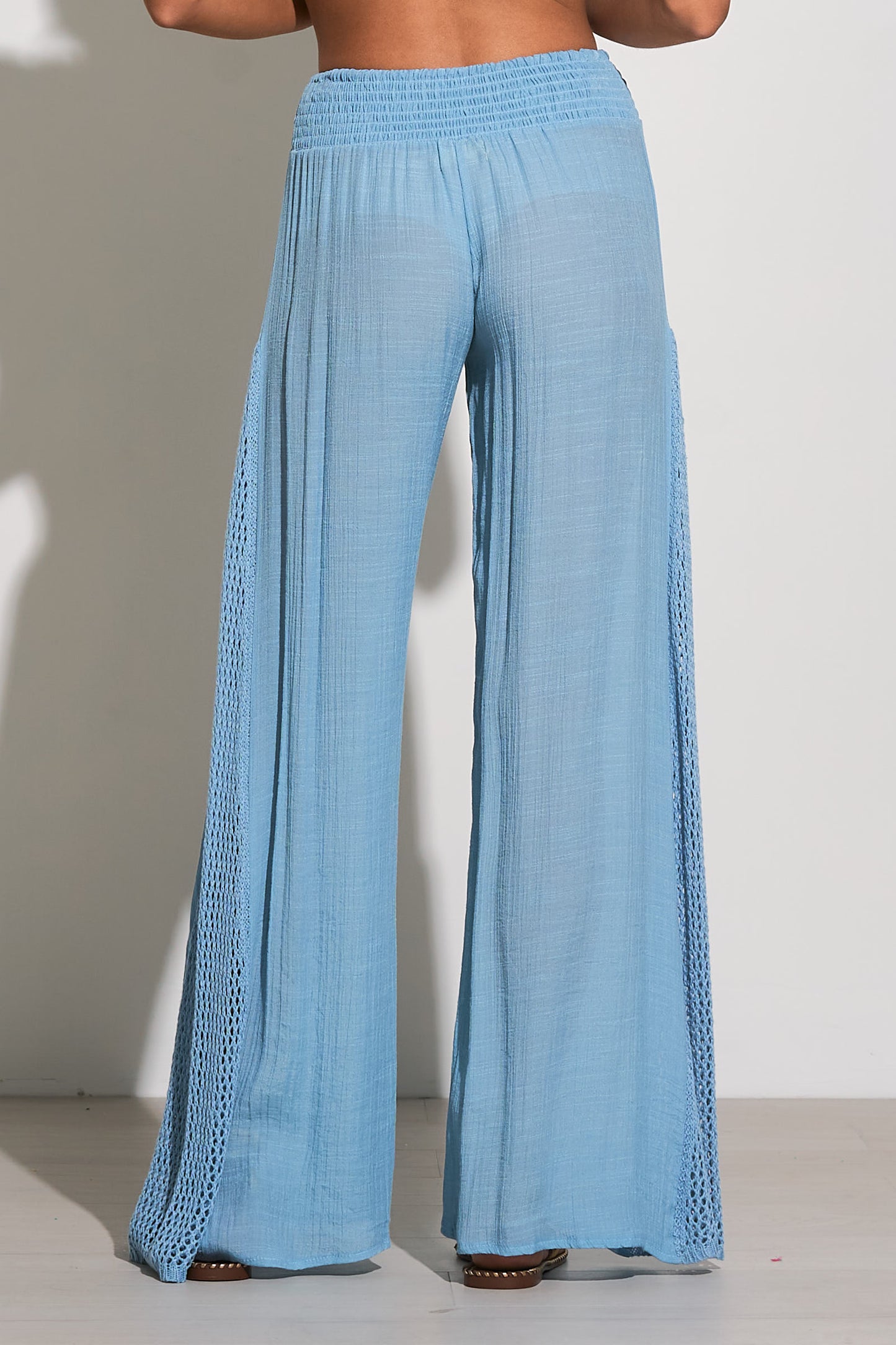 Wide Leg Pants with Crochet Sides - Light Blue