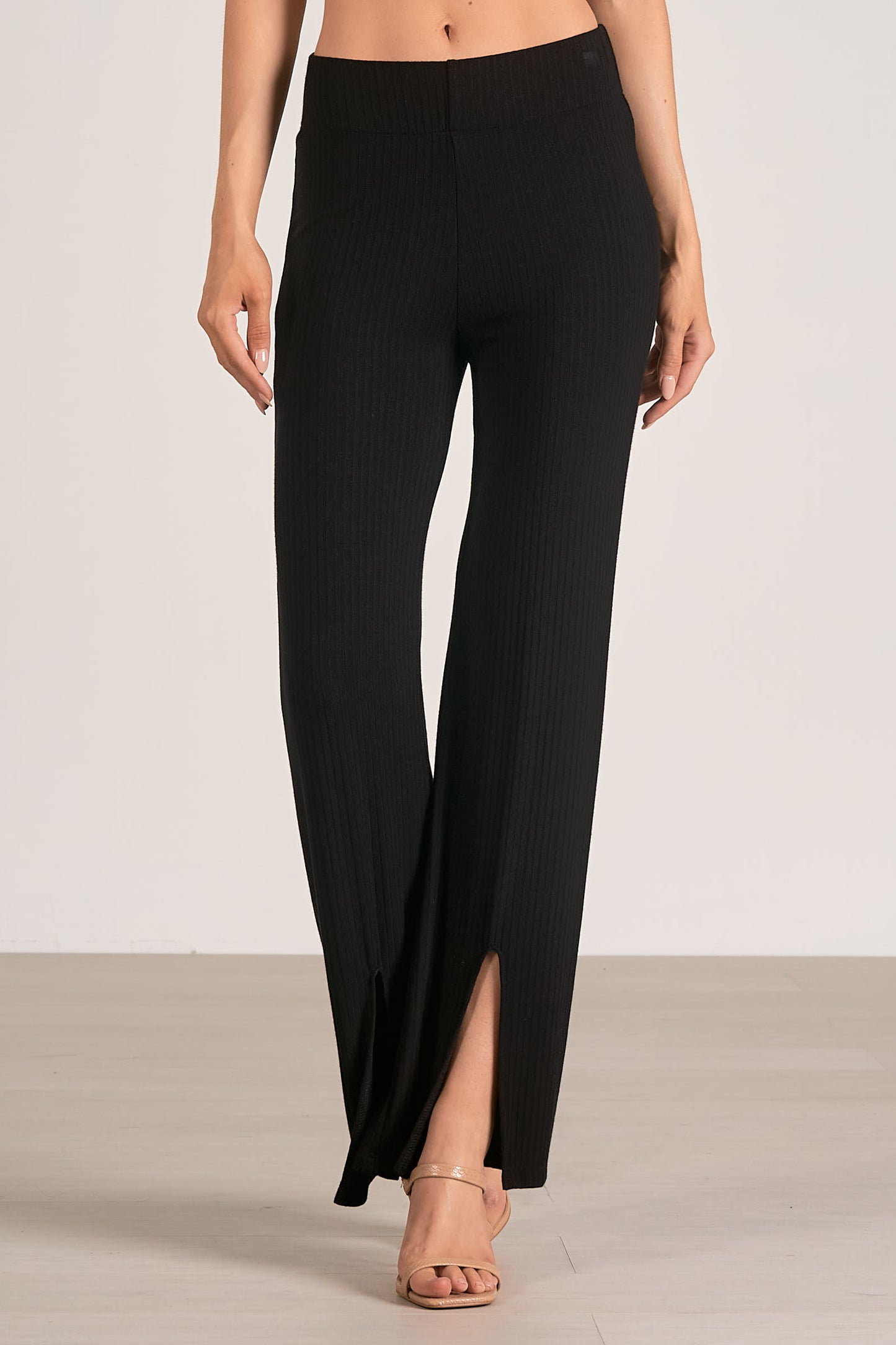 Ribbed Wide Leg Side Slit Pants - Black