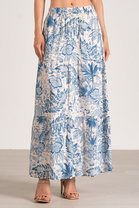 Tiered Maxi Skirt - Blue Leafy Floral