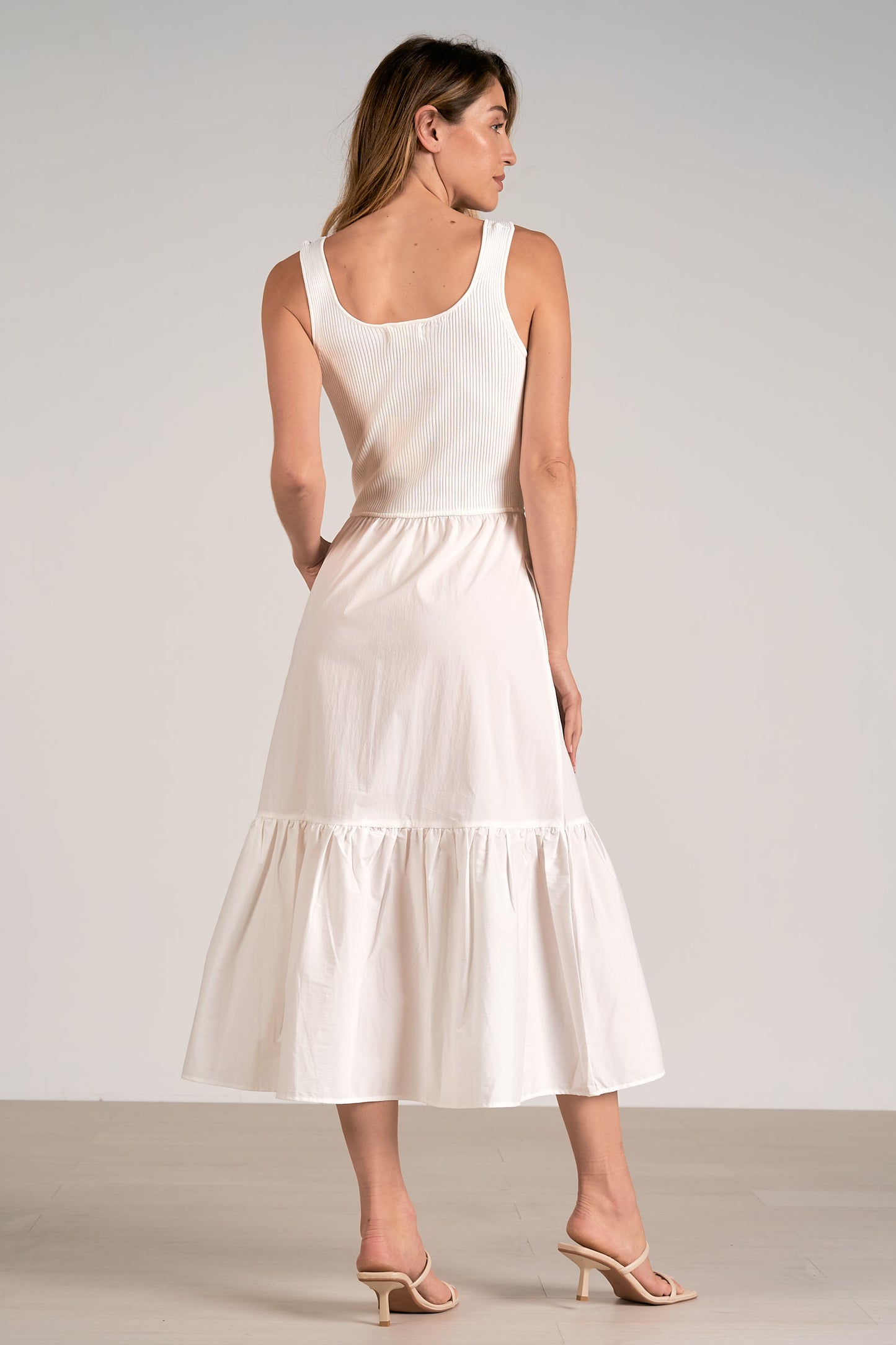 Knit Tank and Woven Skirt Tiered Midi Dress - Off White