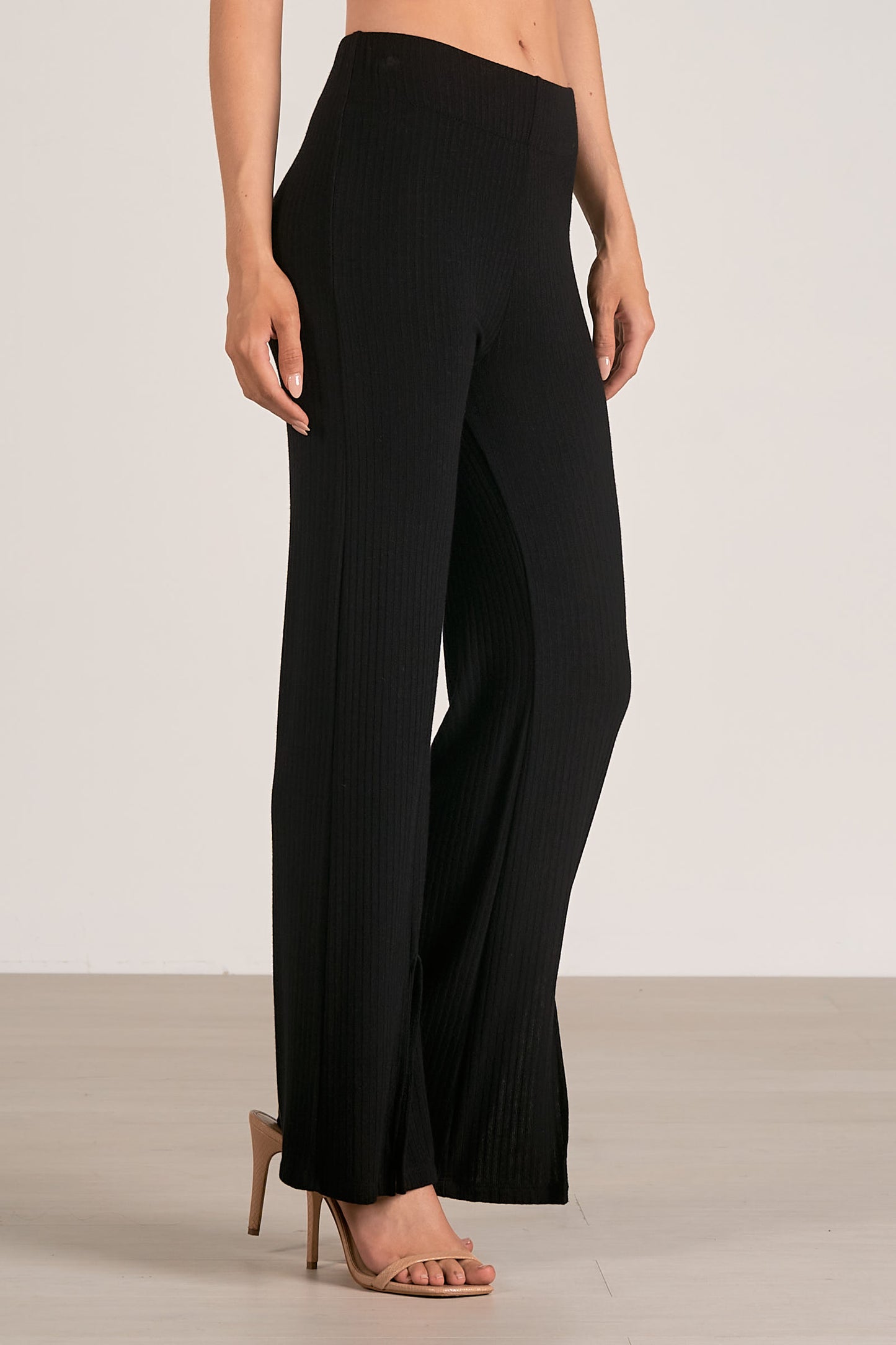 Ribbed Wide Leg Side Slit Pants - Black