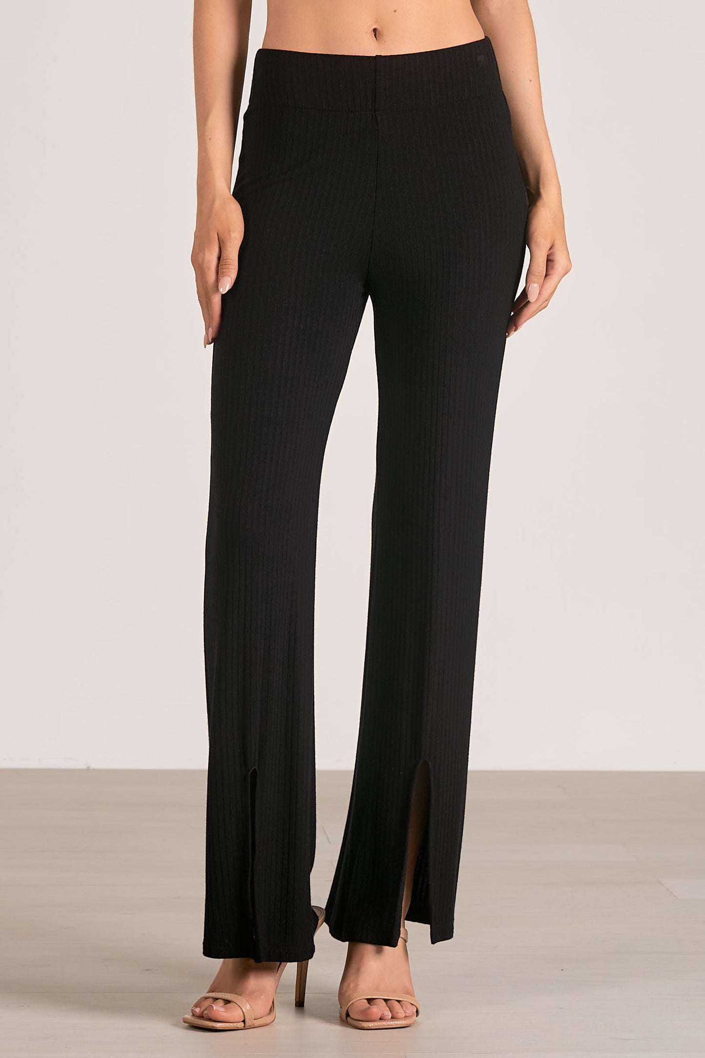 Ribbed Wide Leg Side Slit Pants - Black