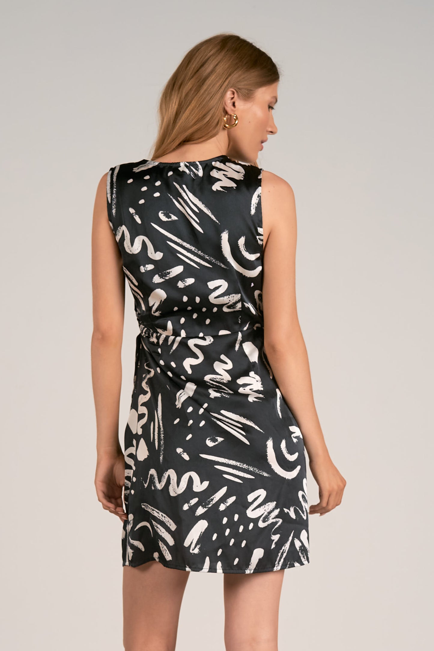Sleeveless Wrap Tie Mini Dress - Black Abstract