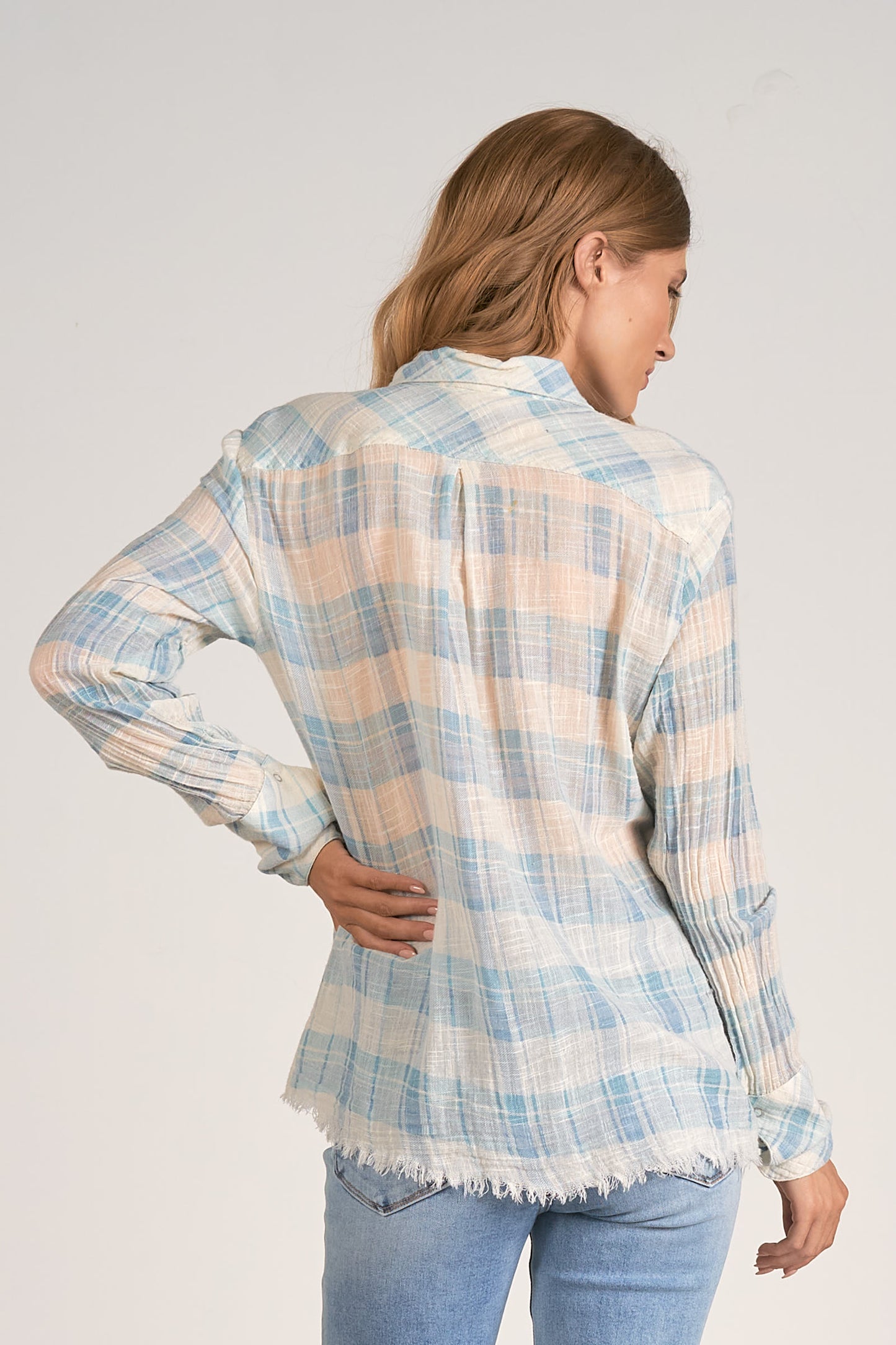 Button Down LS Shirt with Button Pockets - White/Blue Plaid