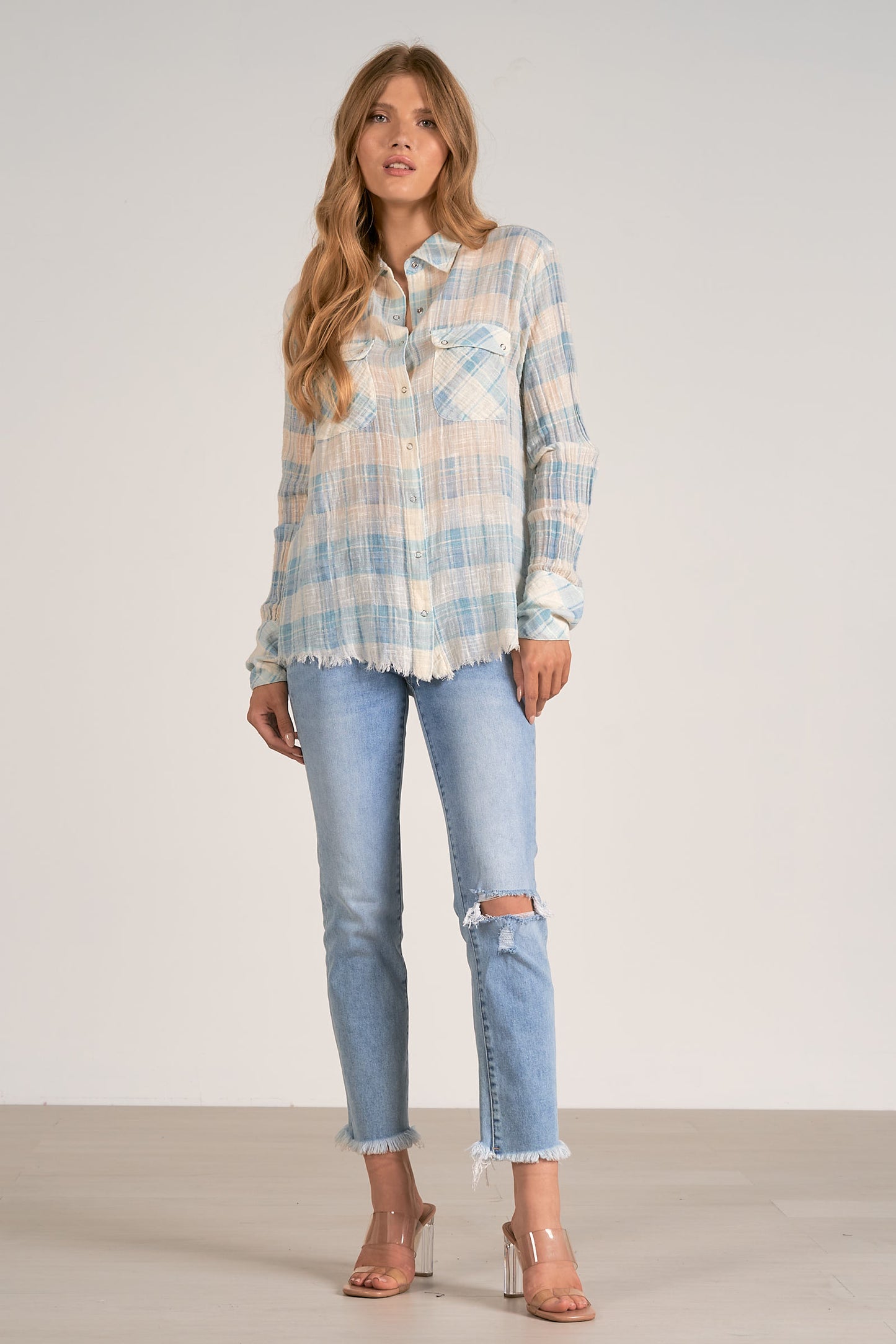 Button Down LS Shirt with Button Pockets - White/Blue Plaid