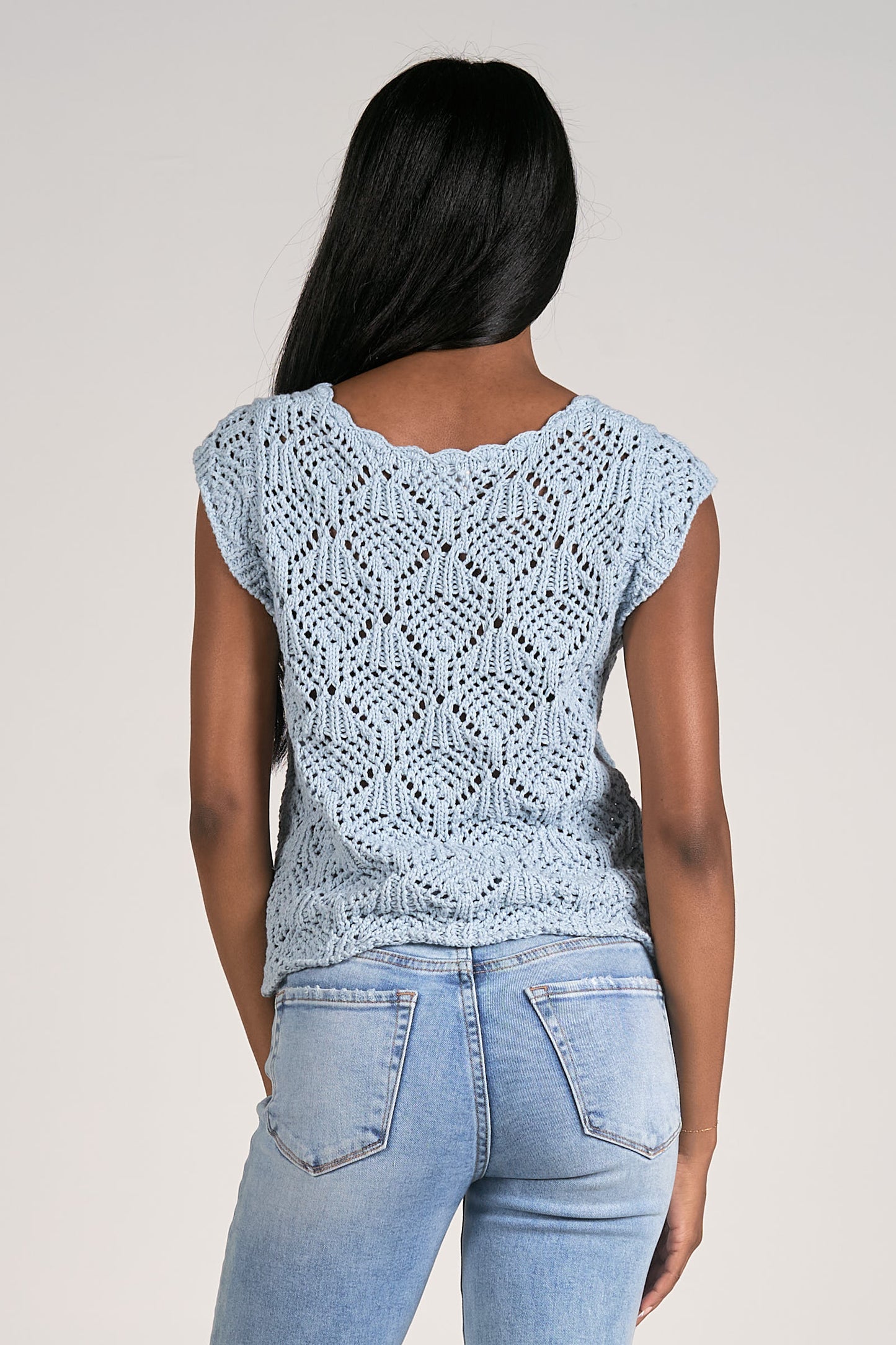 Cap Sleeve Crochet Sweater Tank Top - Blue