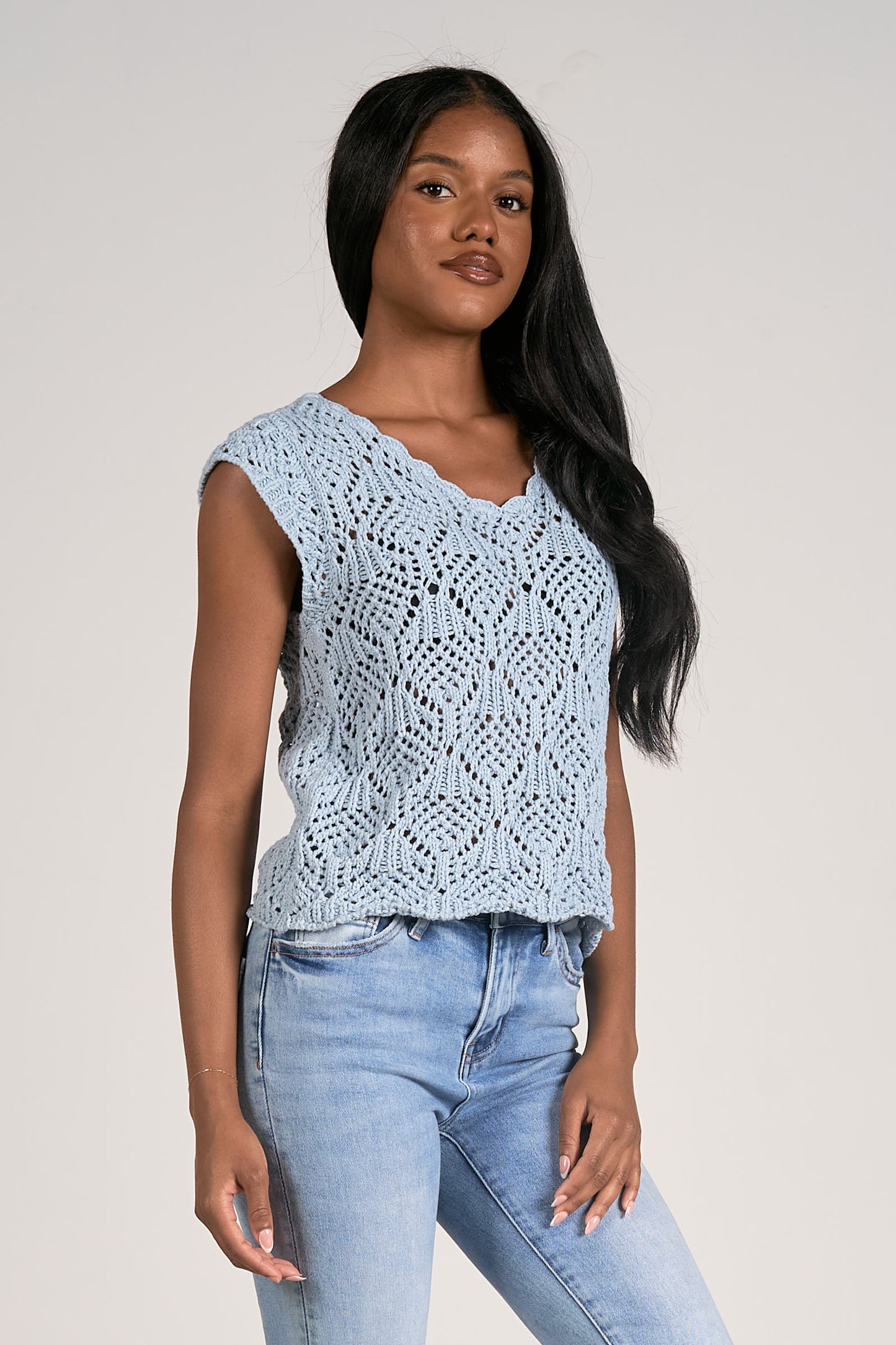 Cap Sleeve Crochet Sweater Tank Top - Blue