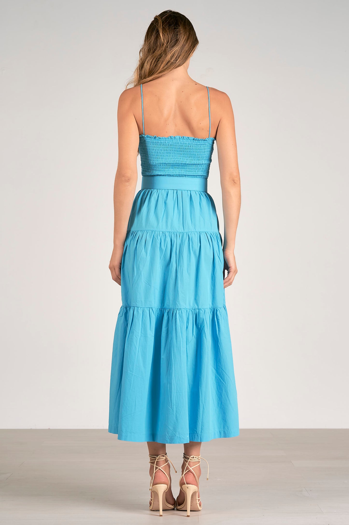 Spaghetti Strap Tiered Midi Dress with Belt - Azure