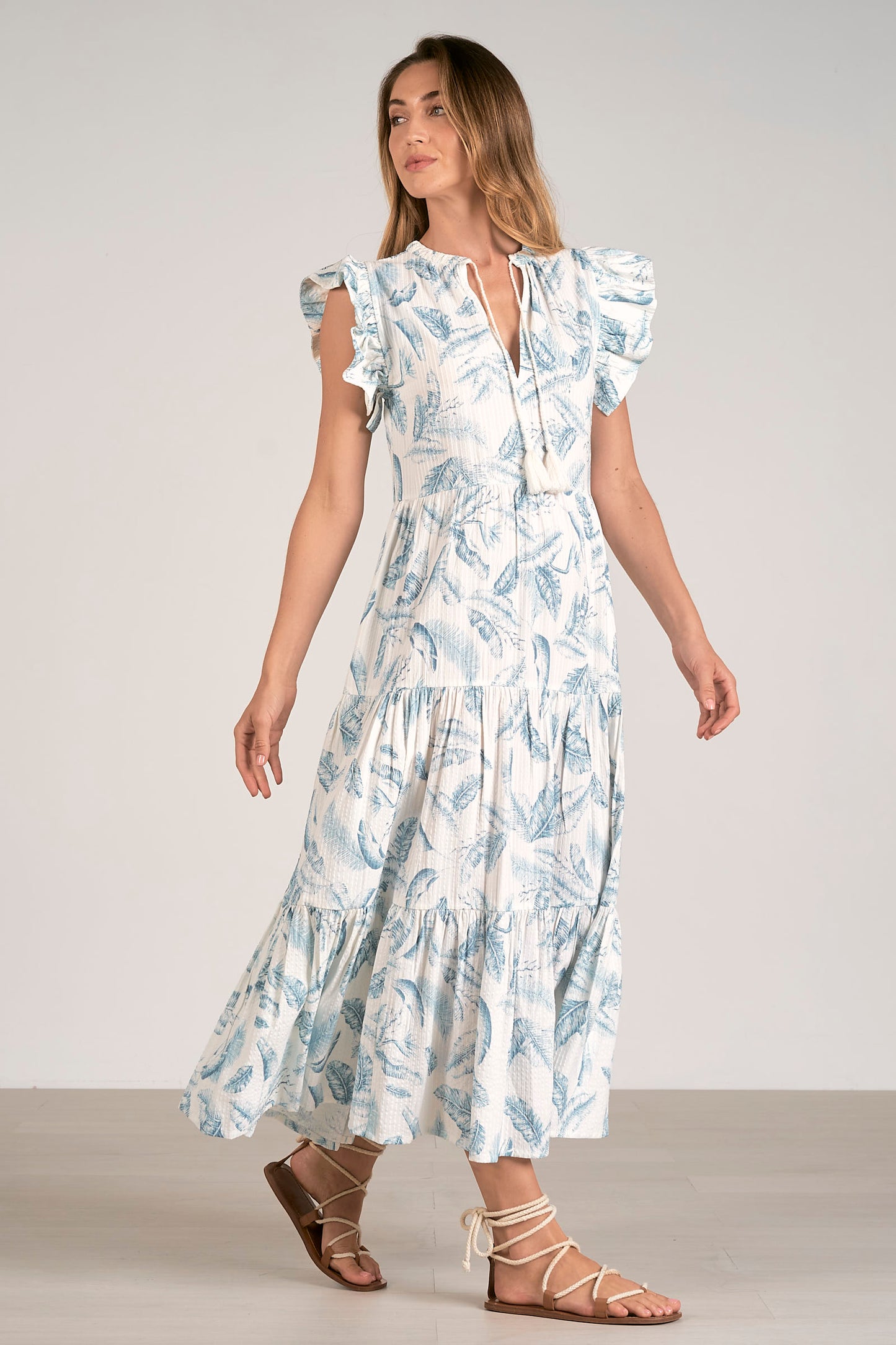 Ruffle Sleeve V-Neck Maxi Dress - Blue Lima