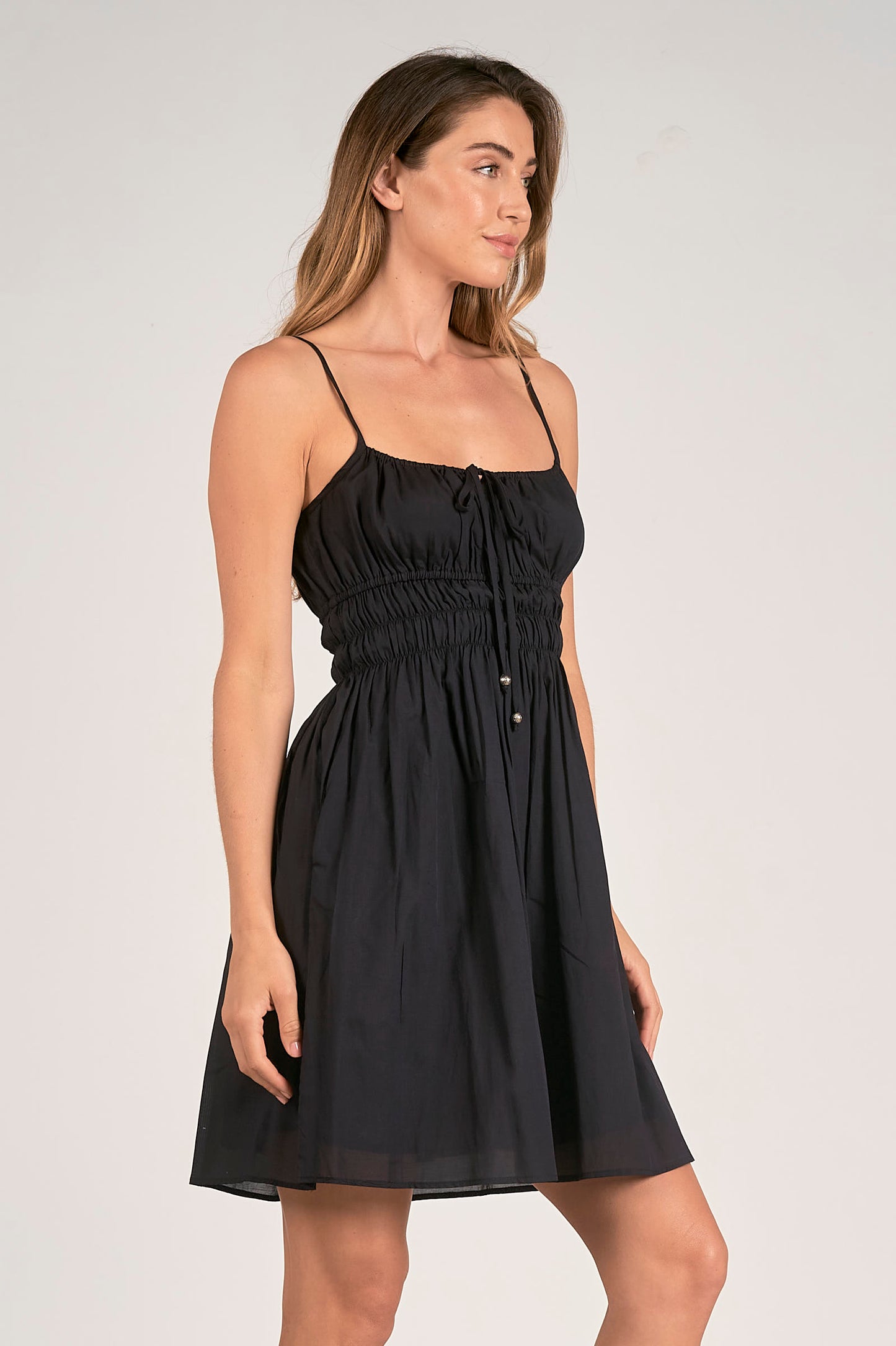 Spaghetti Strap Mini Dress with Smocked Top - Black