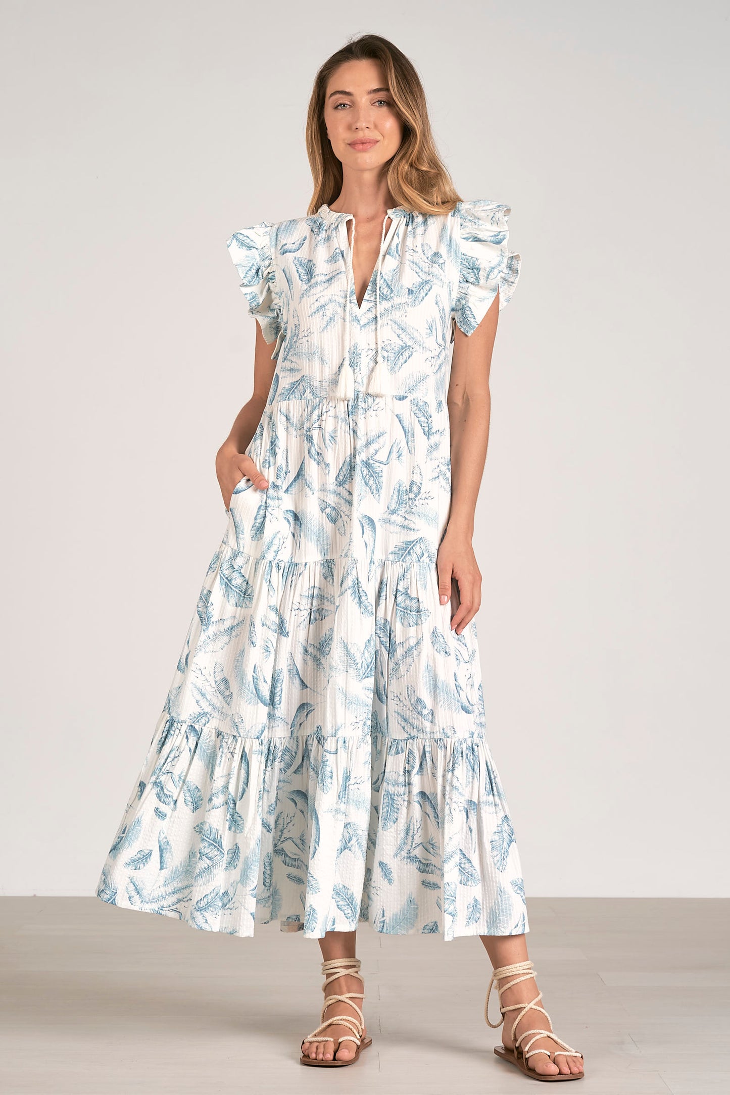 Ruffle Sleeve V-Neck Maxi Dress - Blue Lima