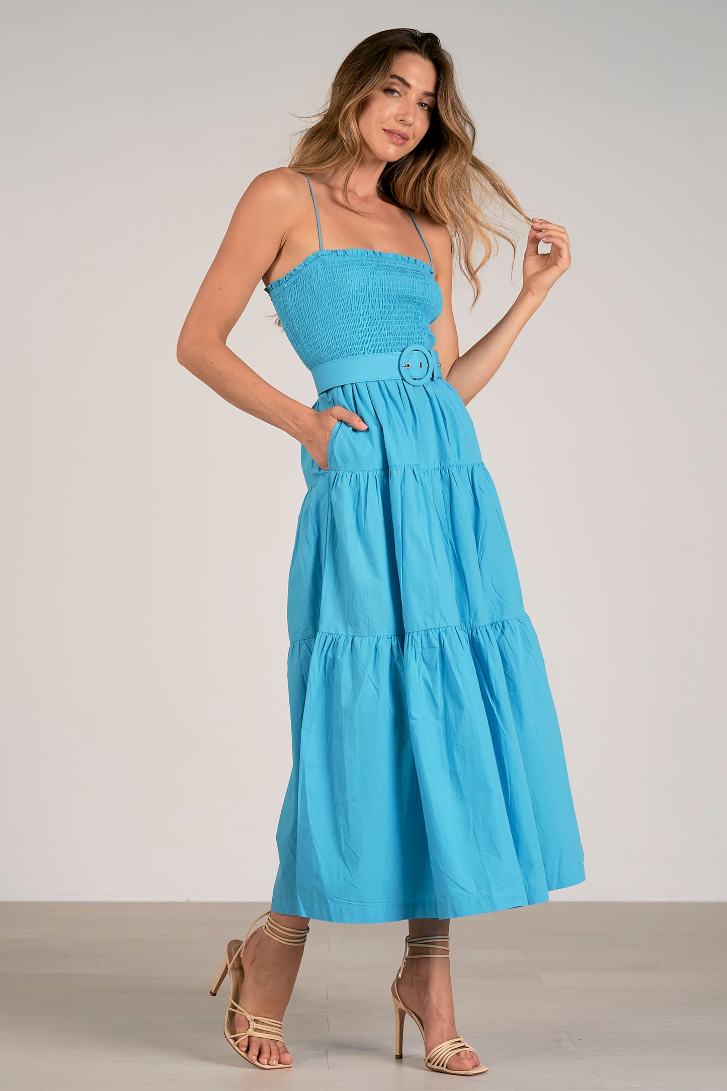 Spaghetti Strap Tiered Midi Dress with Belt - Azure