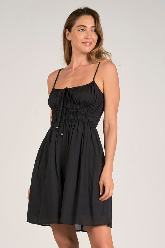 Spaghetti Strap Mini Dress with Smocked Top - Black