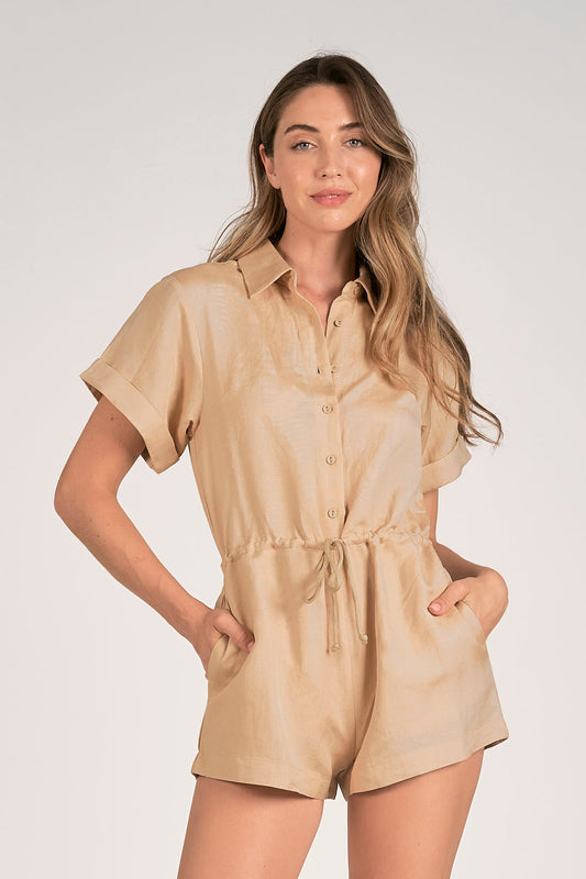 Short Sleeve Button-Down Romper with Collar - Taupe