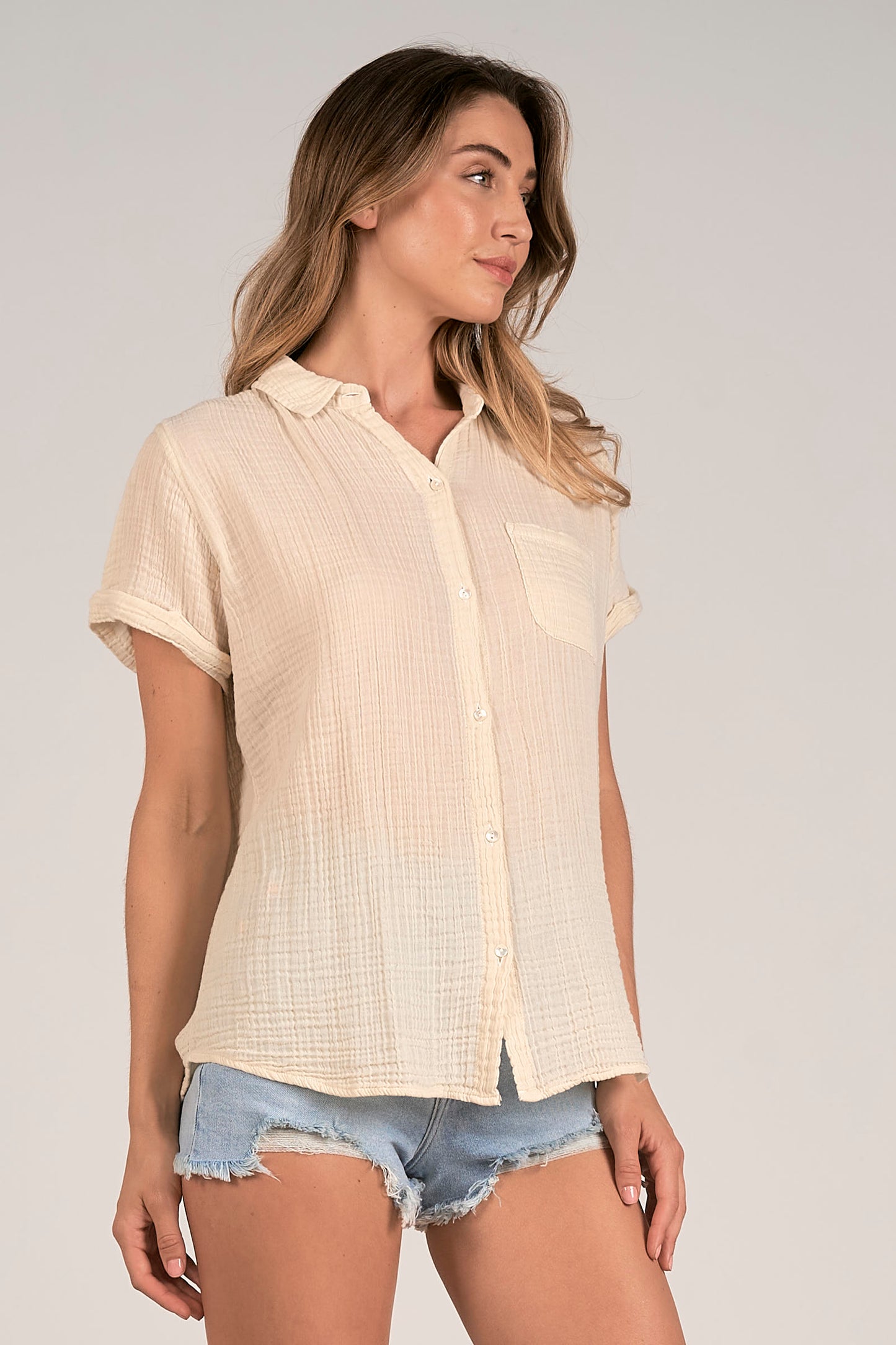 Short Sleeve Button-Down Shirt with Pocket - Cream