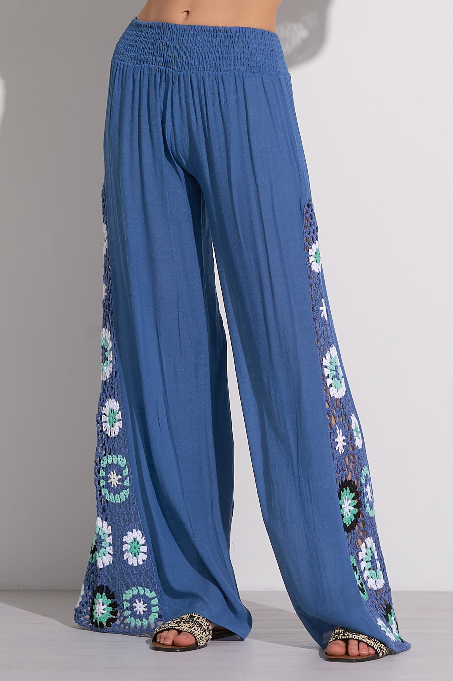 Wide Leg Pants with Crochet Sides - Blue