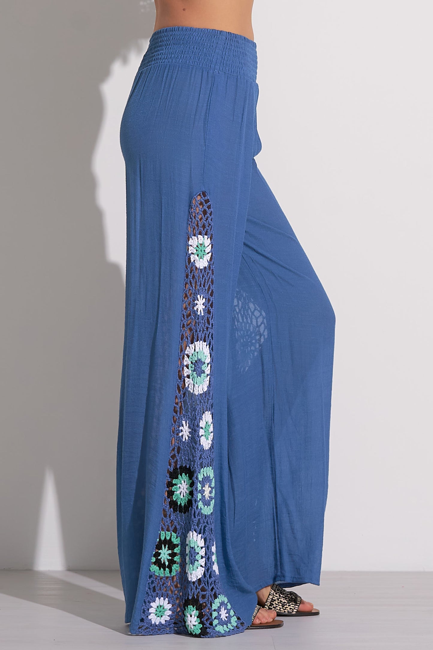 Wide Leg Pants with Crochet Sides - Blue