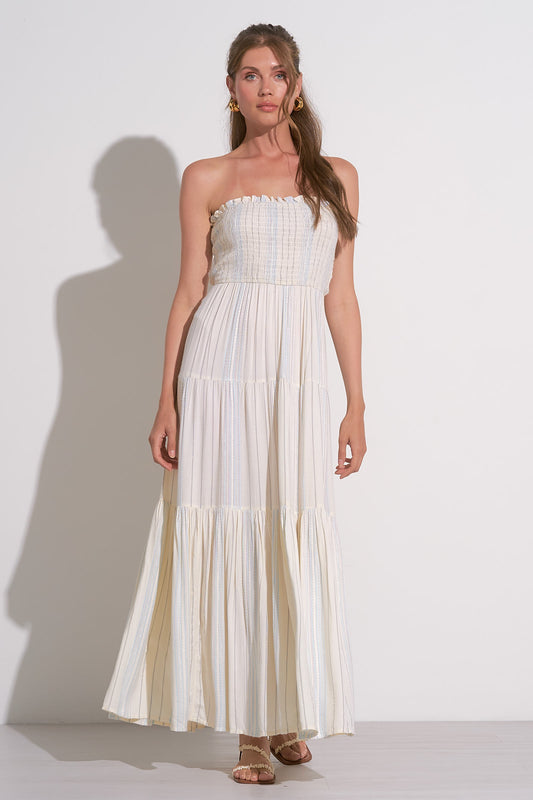 Sleeveless Smocked Maxi Dress - Ivory/Blue Stripe