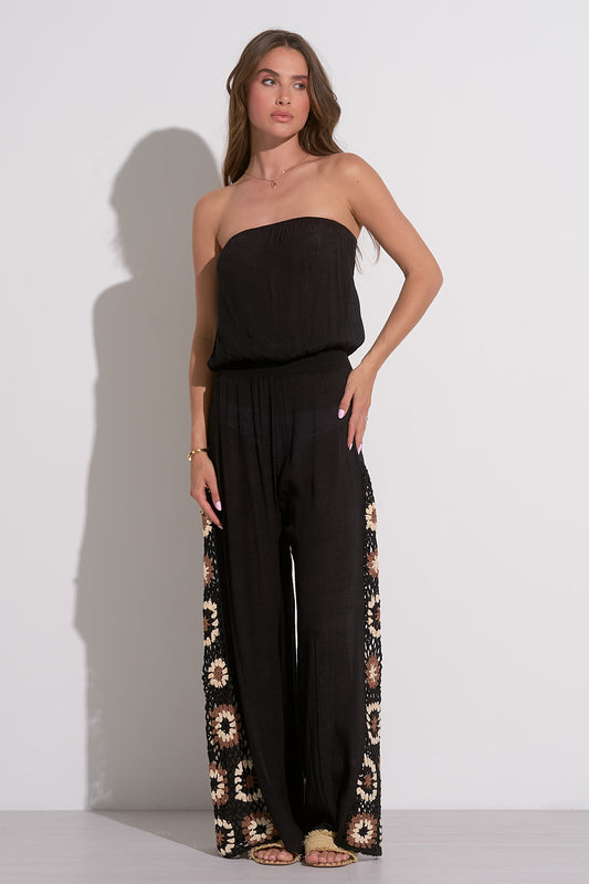 Strapless Jumpsuit with Crochet Detail - Black