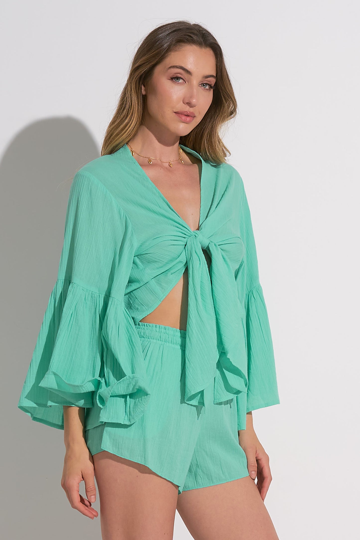 Long Sleeve Tie Front Crop Top  - Seafoam