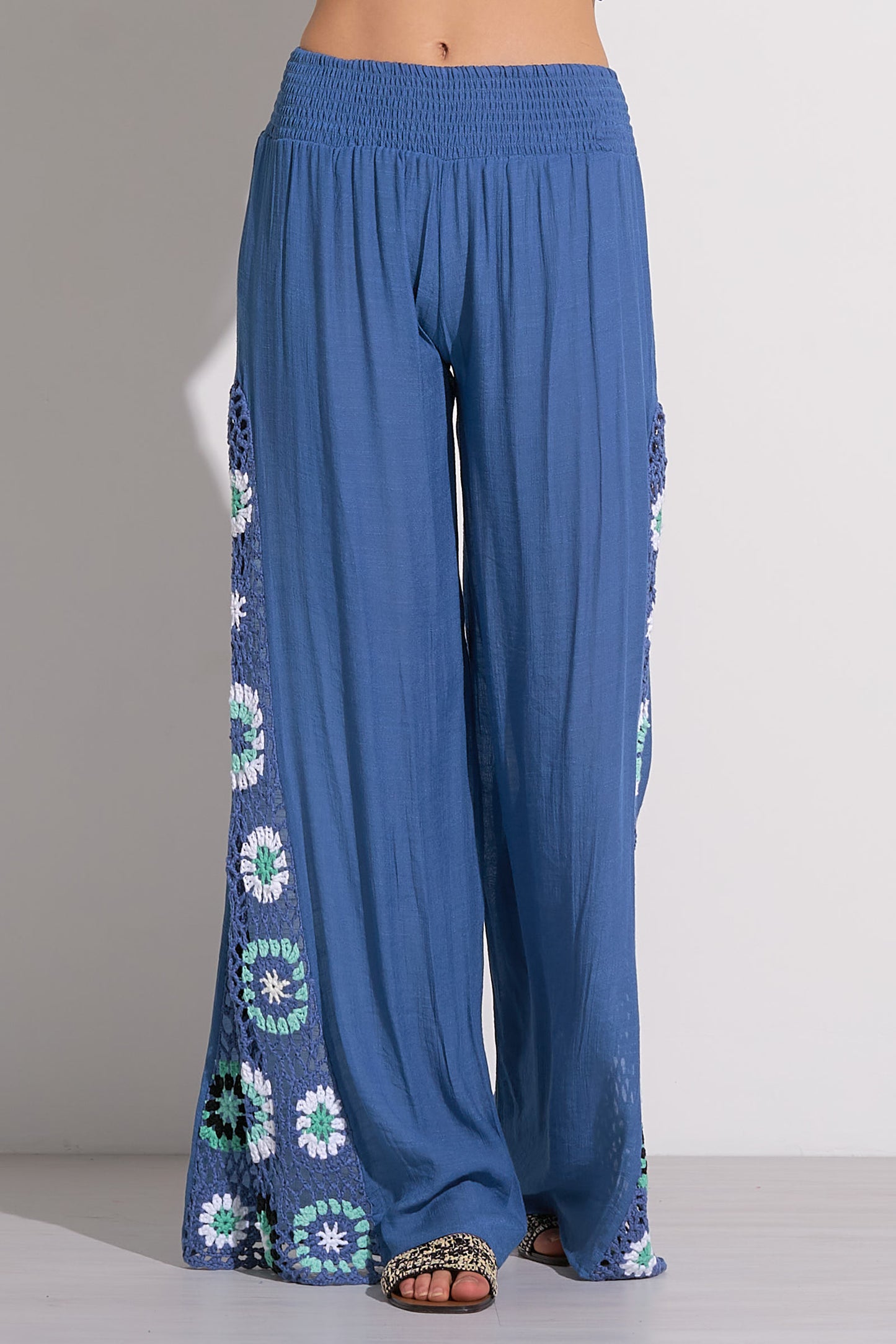 Wide Leg Pants with Crochet Sides - Blue