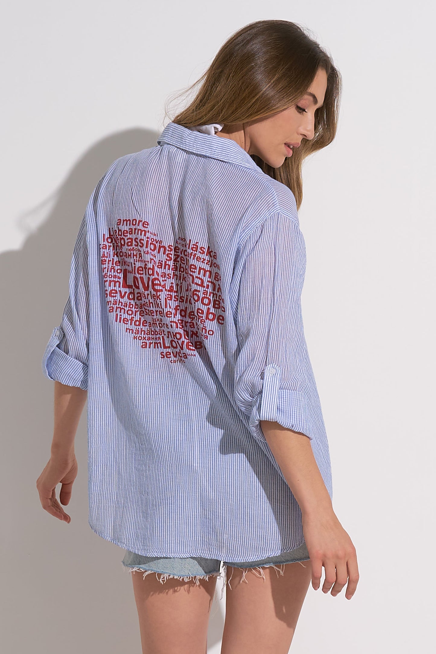 Long Sleeve Button-Down Shirt with Back Heart-Love Graphics - Blue-White Stripes