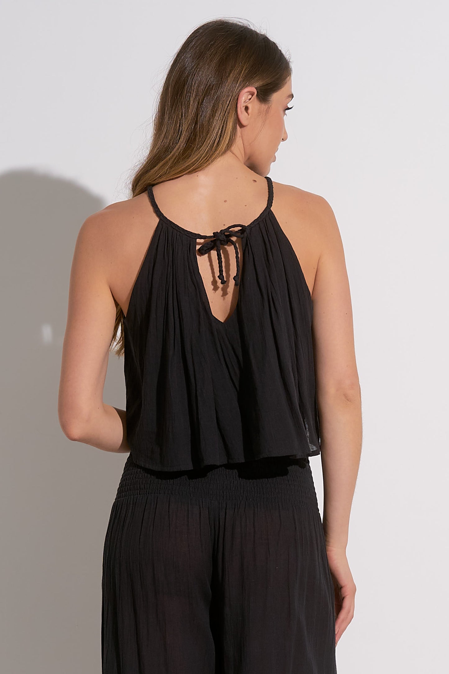 High Neck Tank Top with Rope Tie - Black