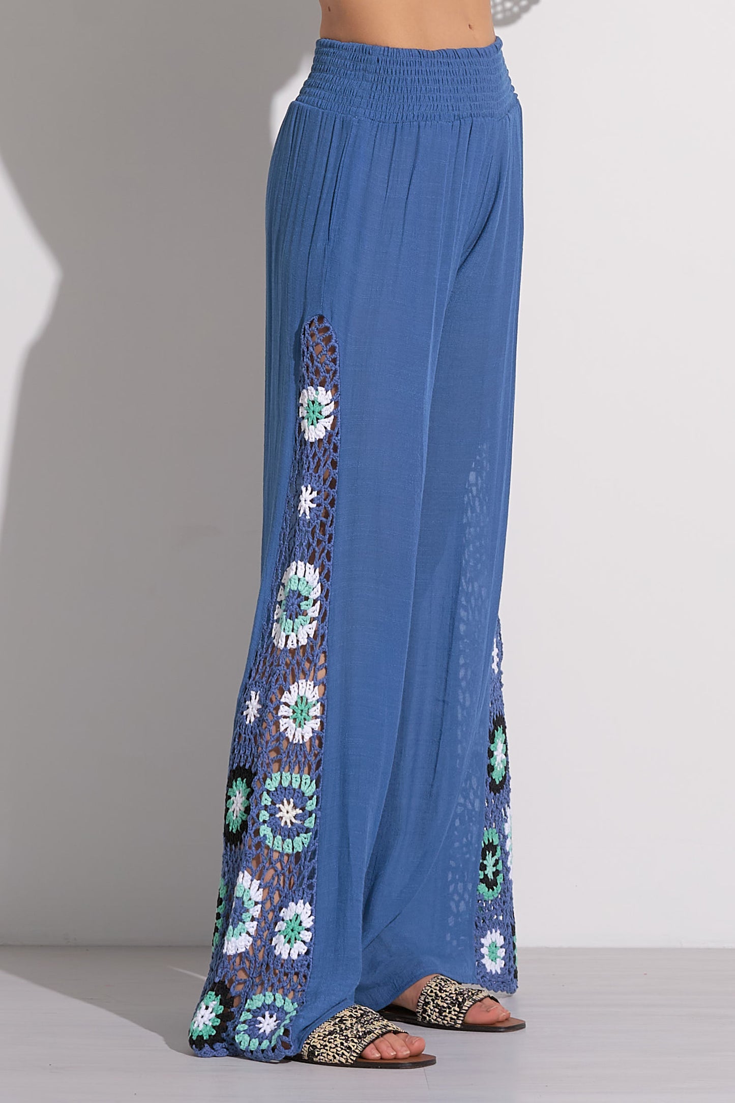 Wide Leg Pants with Crochet Sides - Blue