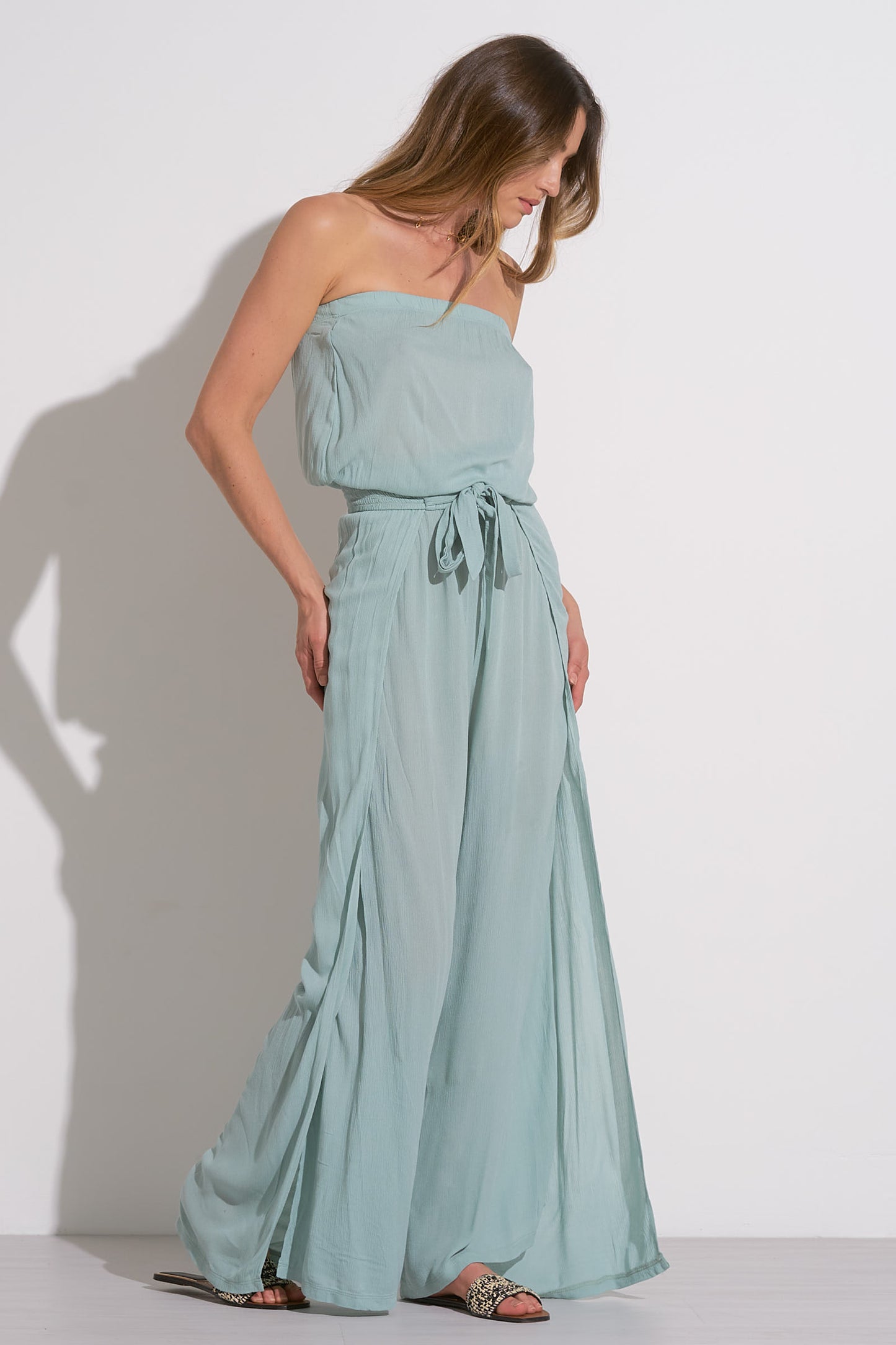 Strapless Crepe-Leg Jumpsuit - Light Teal