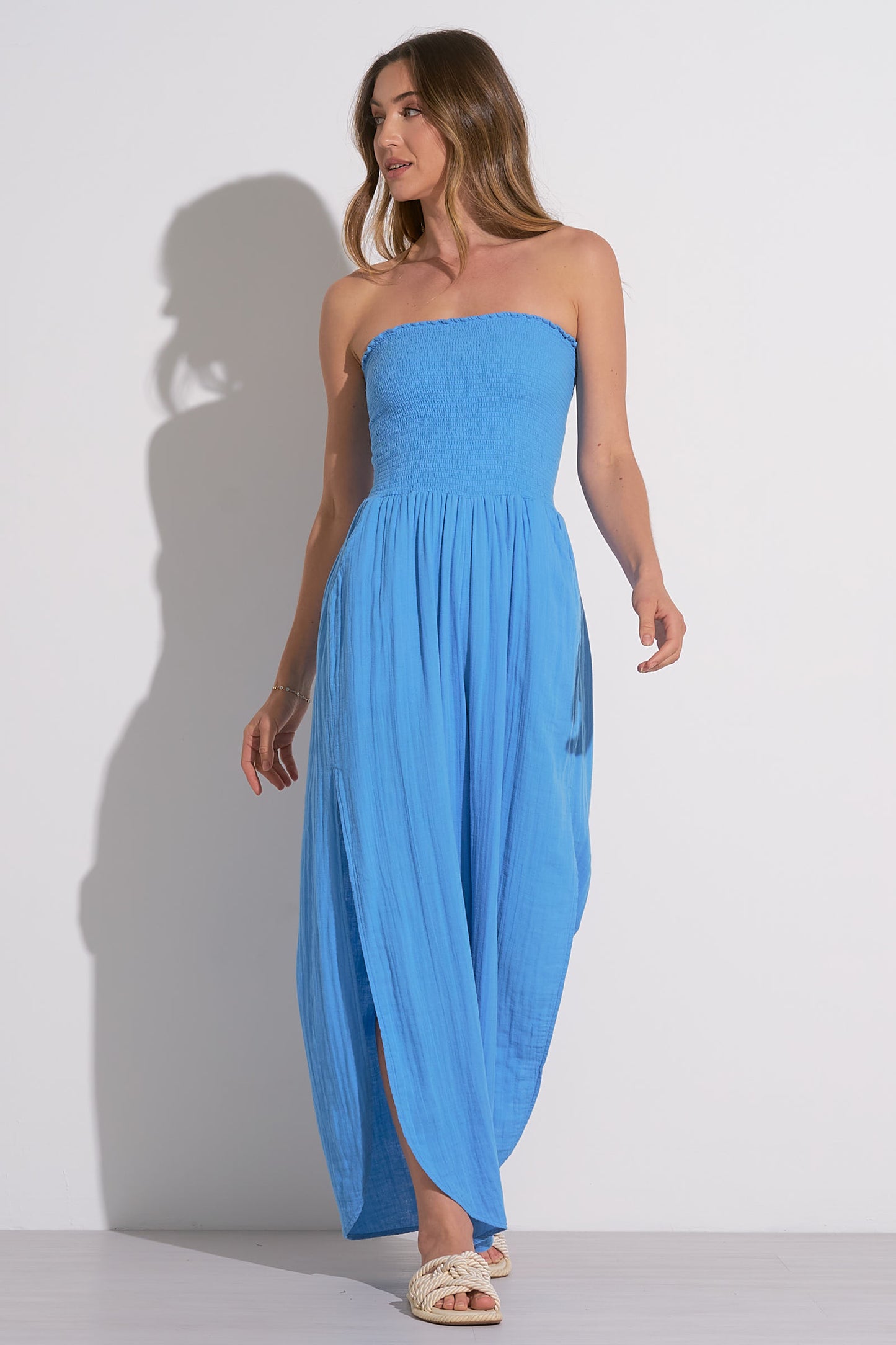 Strapless Jumpsuit with Side Slit - Sky Blue