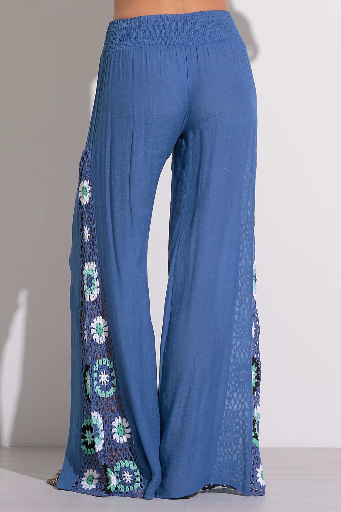 Wide Leg Pants with Crochet Sides - Blue