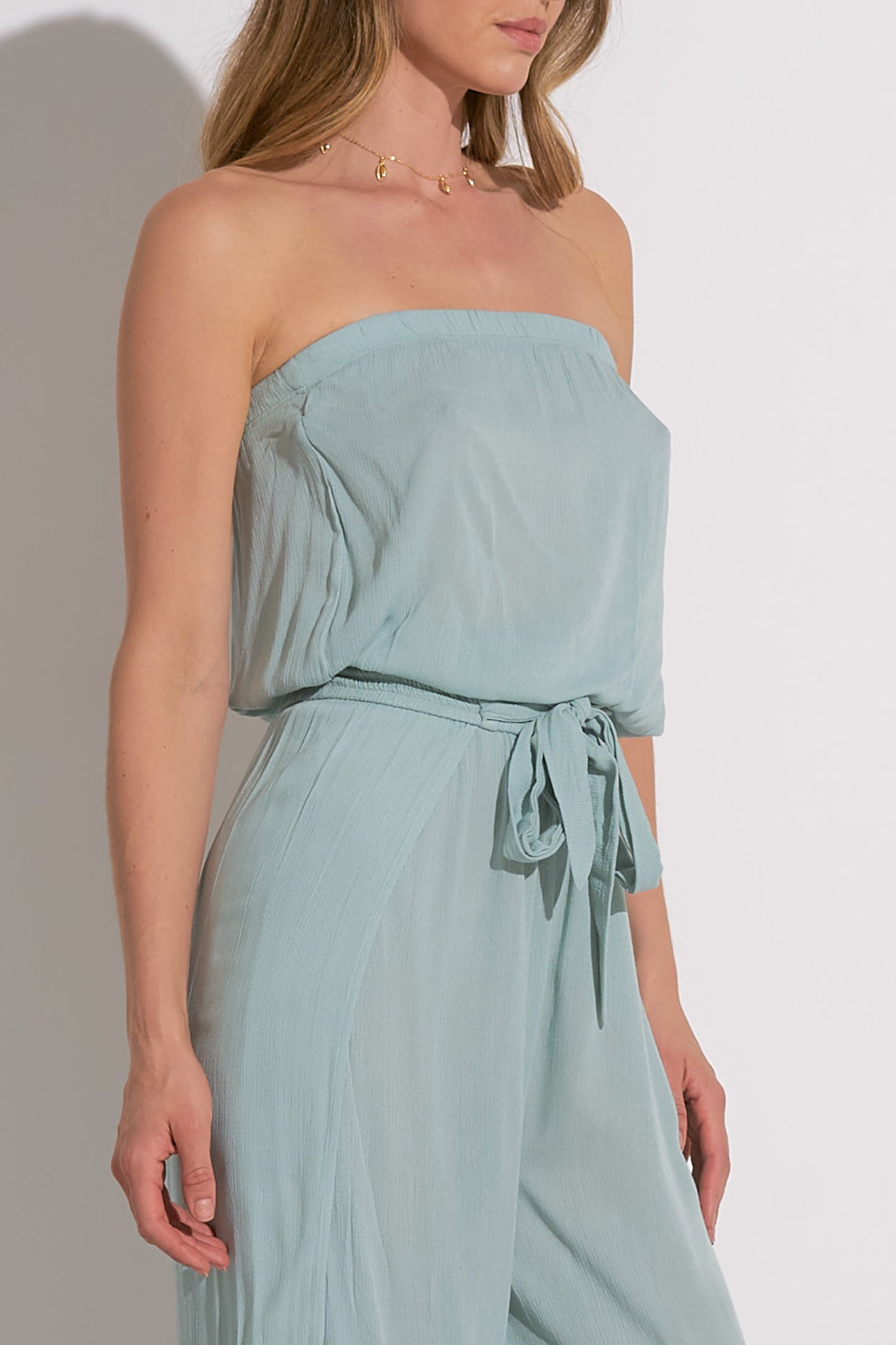 Strapless Crepe-Leg Jumpsuit - Light Teal