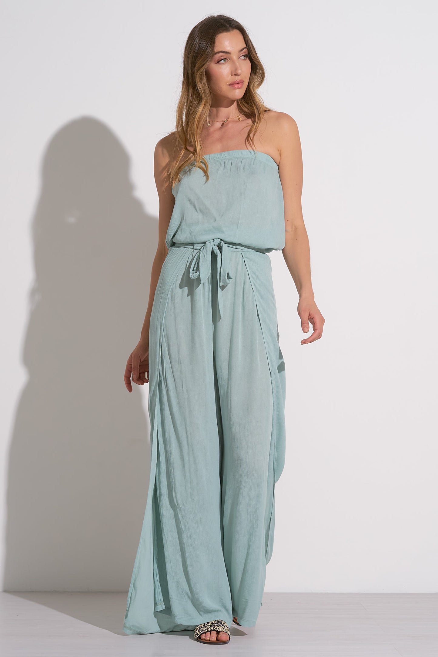 Strapless Crepe-Leg Jumpsuit - Light Teal