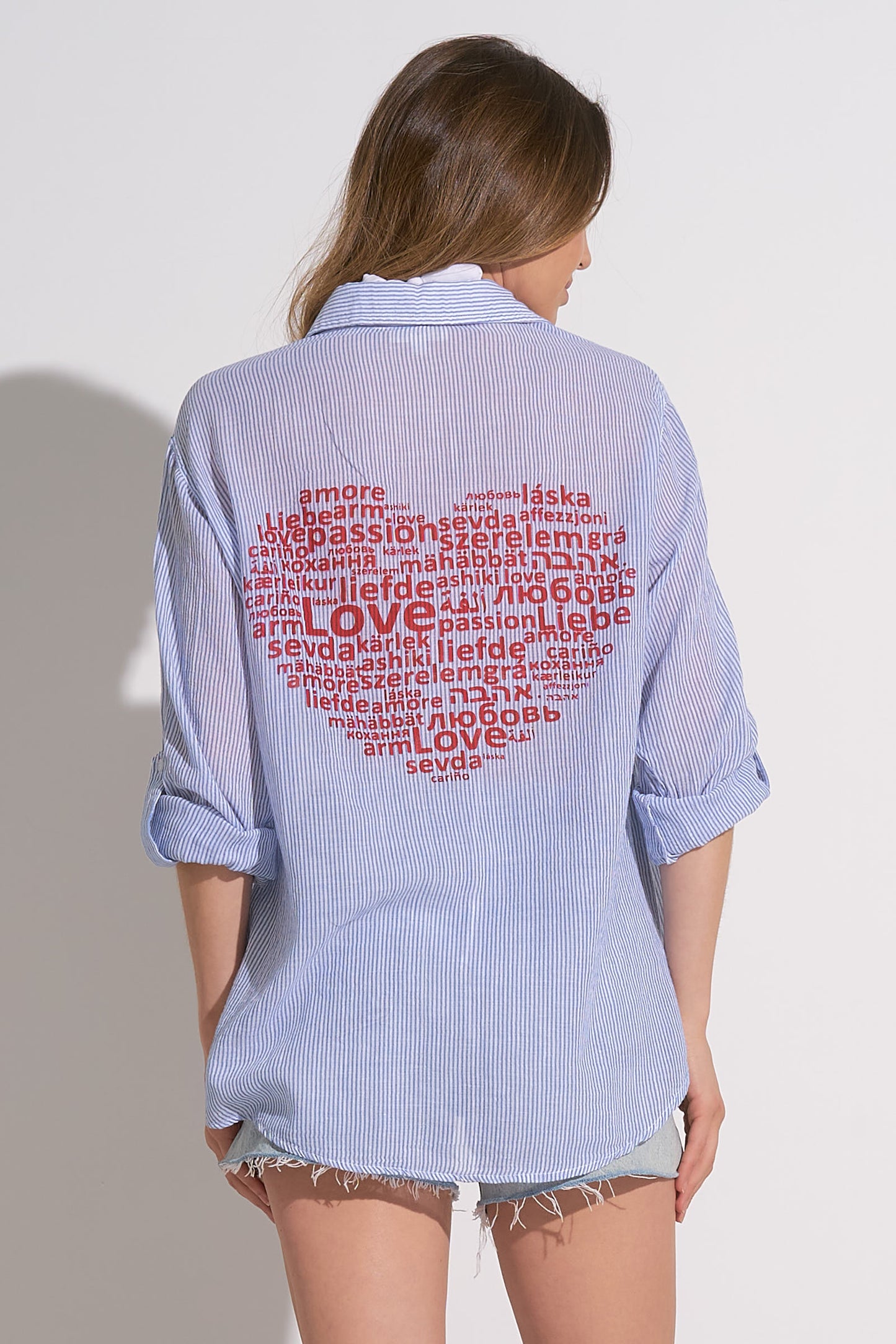 Long Sleeve Button-Down Shirt with Back Heart-Love Graphics - Blue-White Stripes