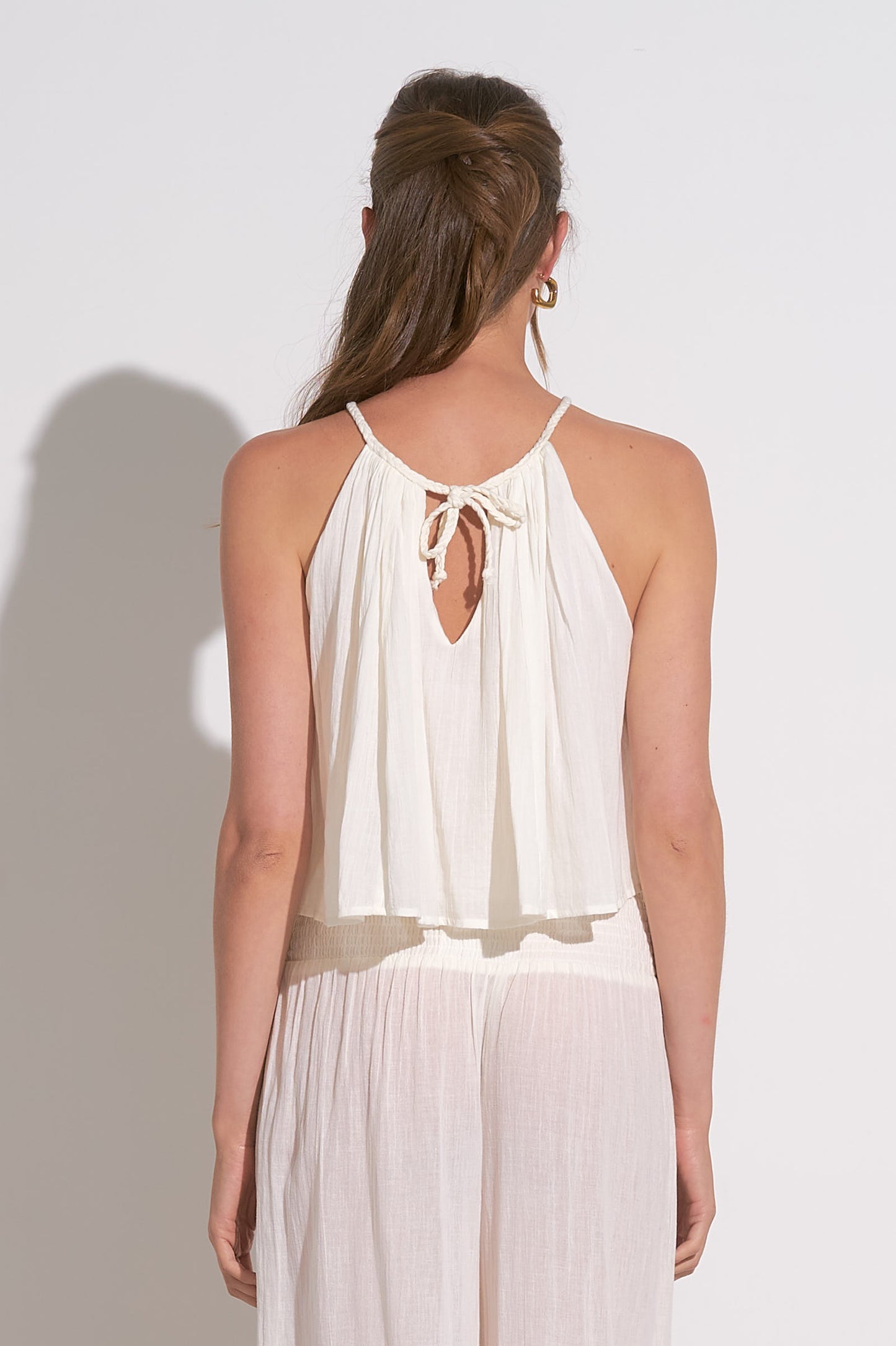 High Neck Tank Top with Rope Tie - White