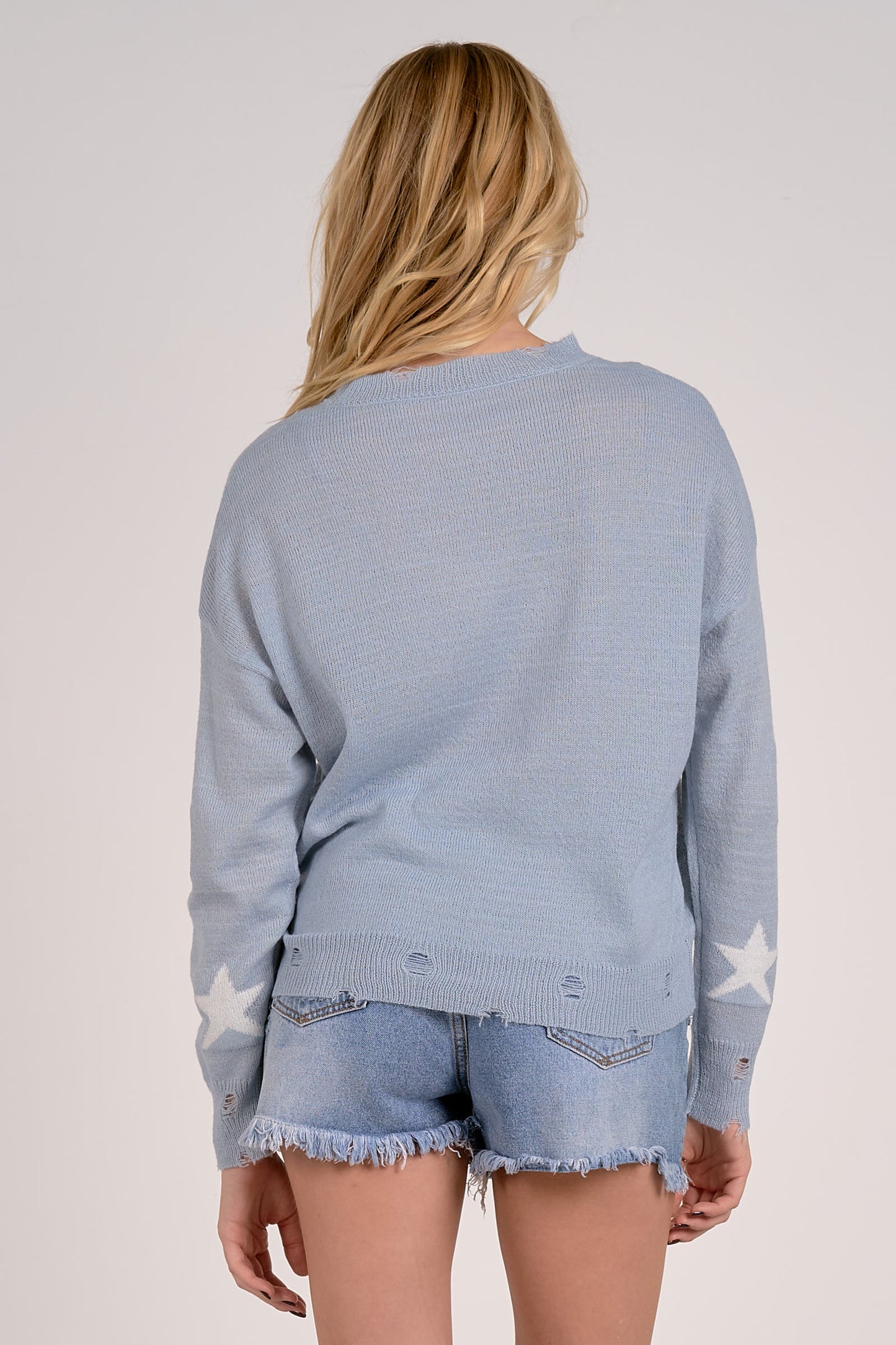 Long Sleeve Printed Sweater - Light Blue/White Star