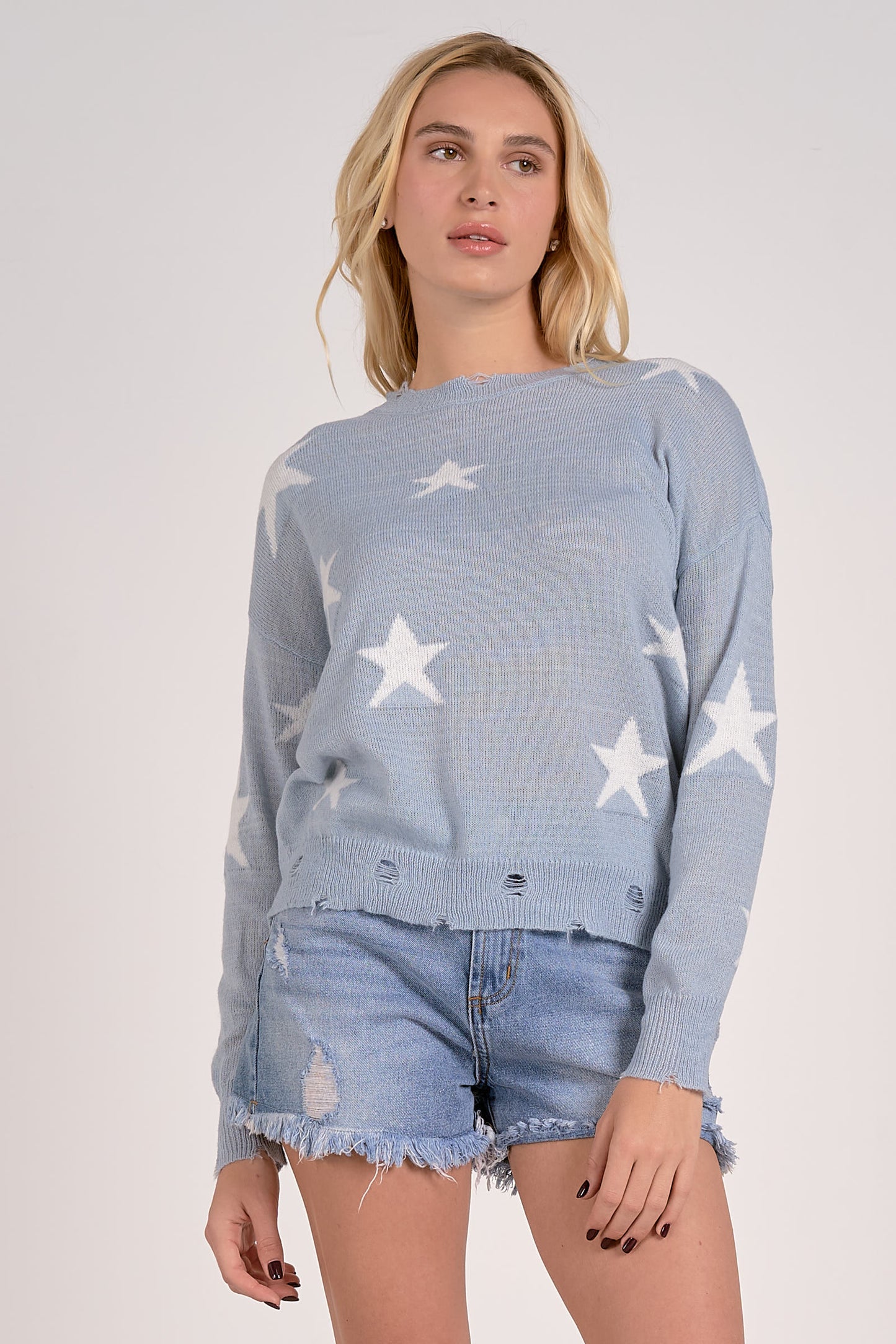 Long Sleeve Printed Sweater - Light Blue/White Star