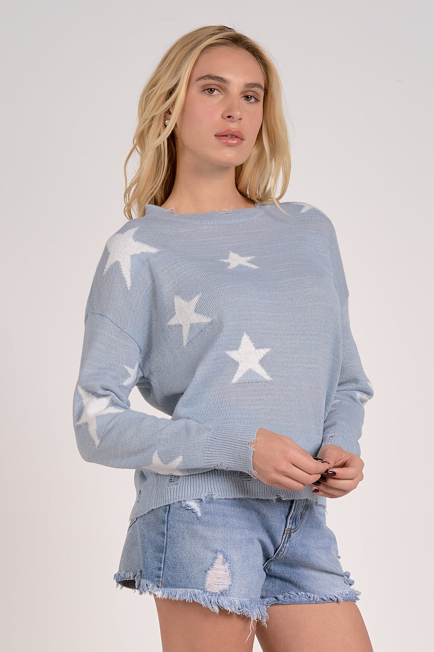 Long Sleeve Printed Sweater - Light Blue/White Star