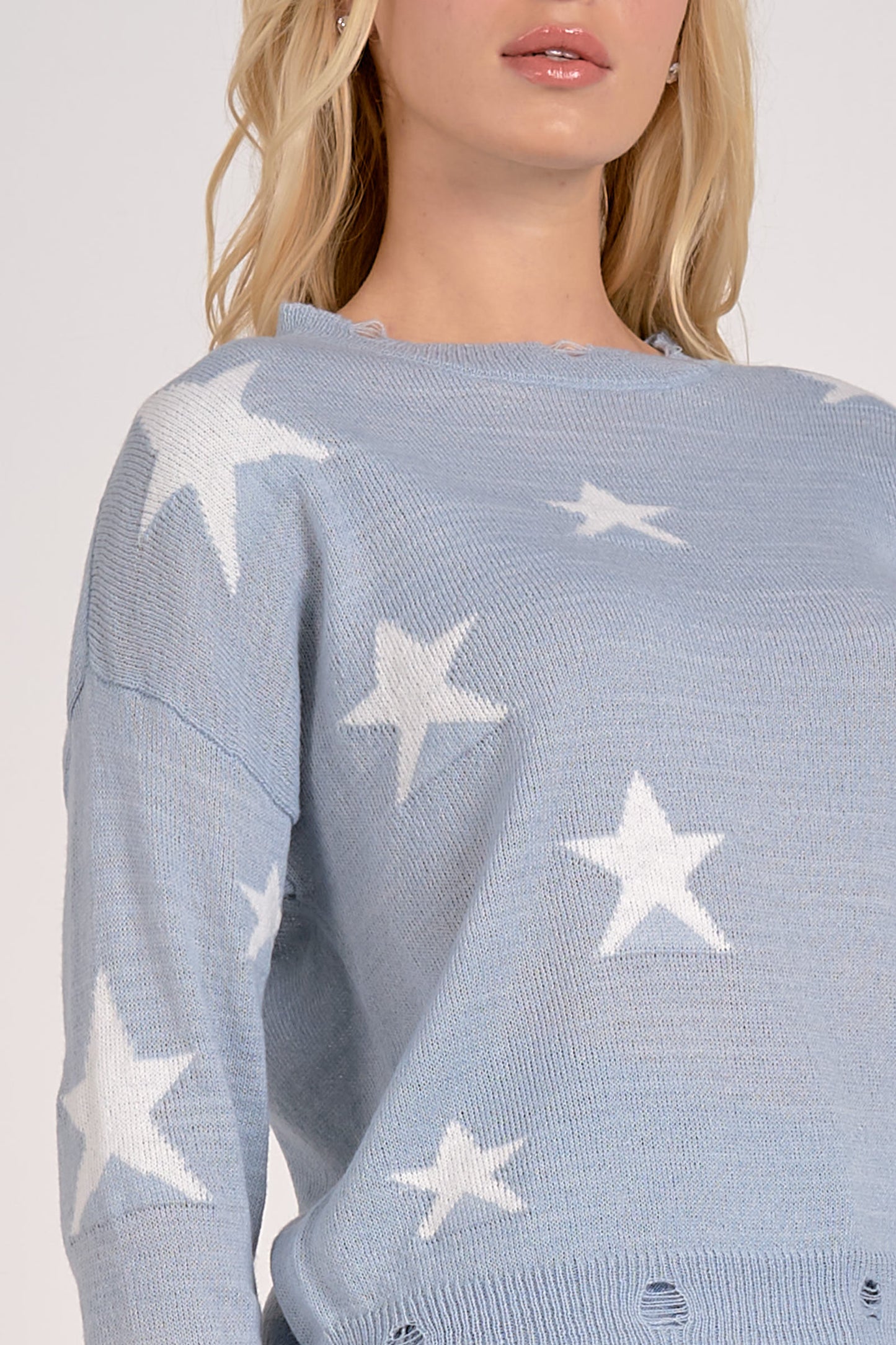 Long Sleeve Printed Sweater - Light Blue/White Star