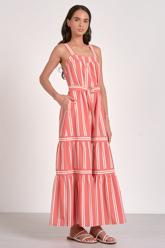 Tiered Maxi Dress with Belt - Coral Stripe