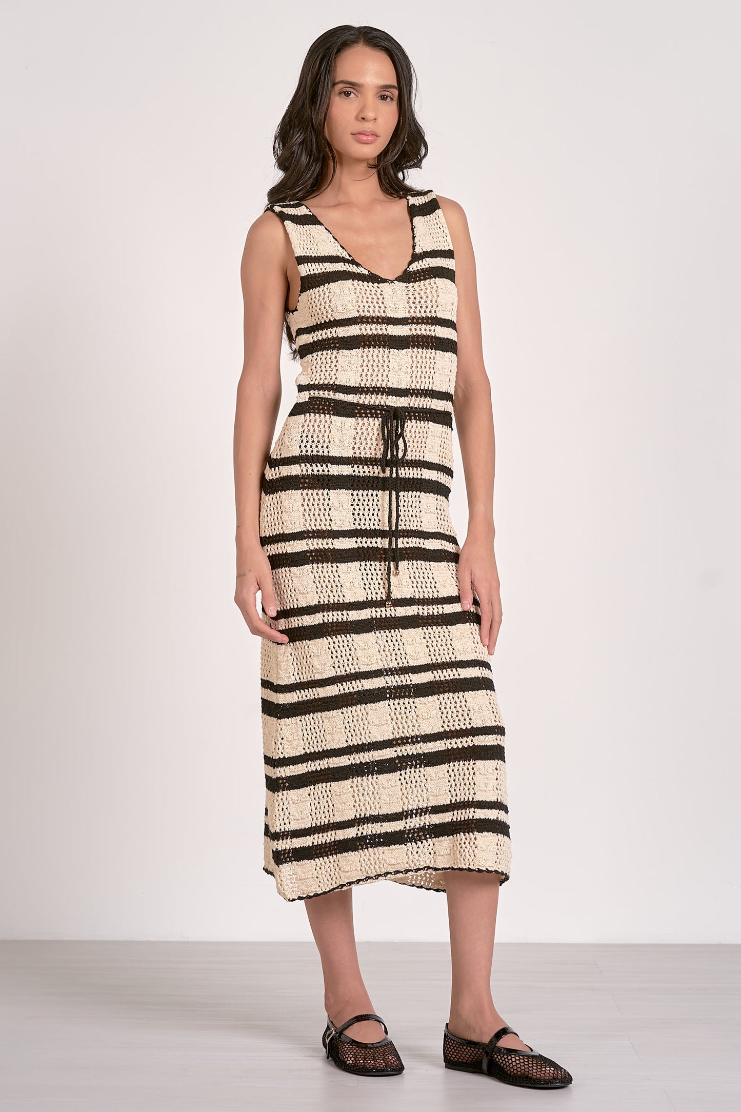 Spagetti Strap Crochet Midi Dress - Natural Black